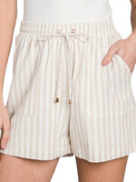 Natural Striped Soft Linen Shorts with Elastic Tie Waist