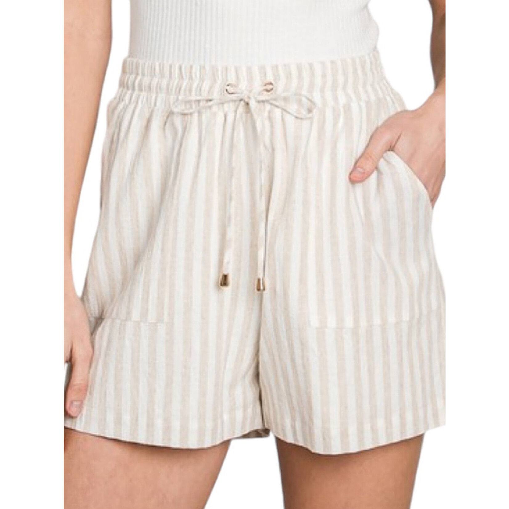 Natural Striped Soft Linen Shorts with Elastic Tie Waist
