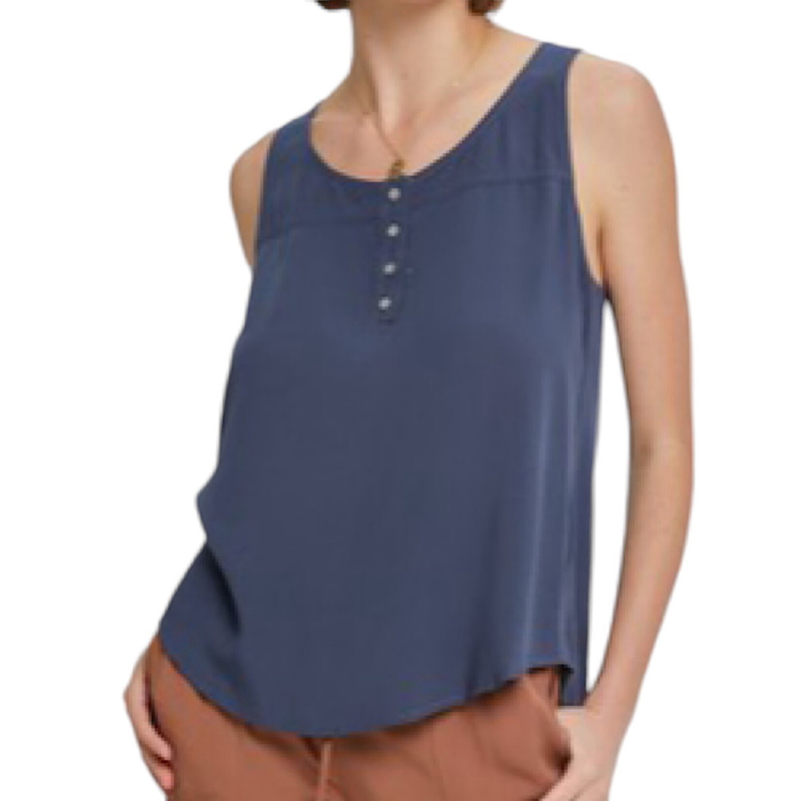 Charcoal Blue Scoop Neck Flowy Tank With 3/4 Metal Buttons