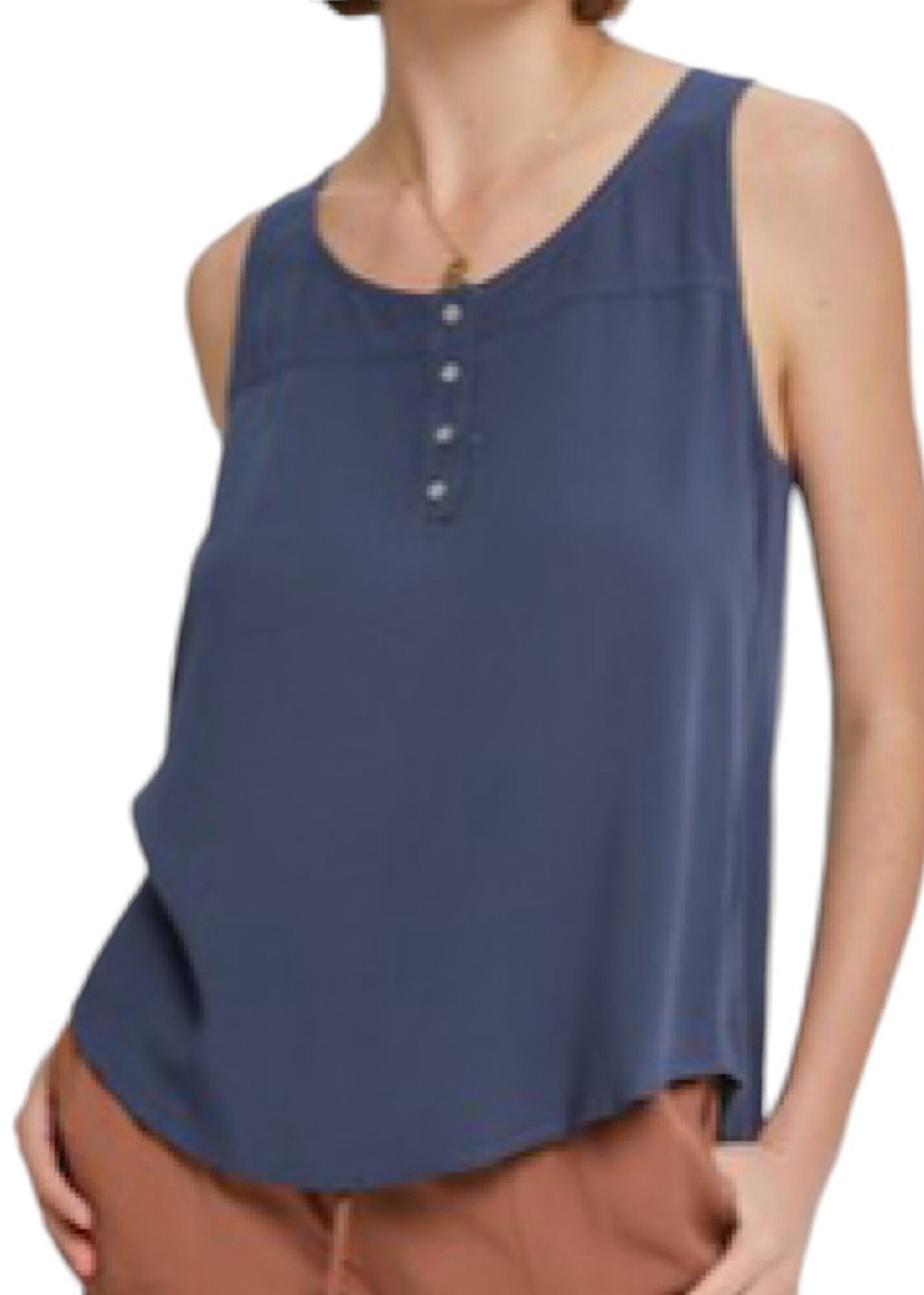 Charcoal Blue Scoop Neck Flowy Tank With 3/4 Metal Buttons