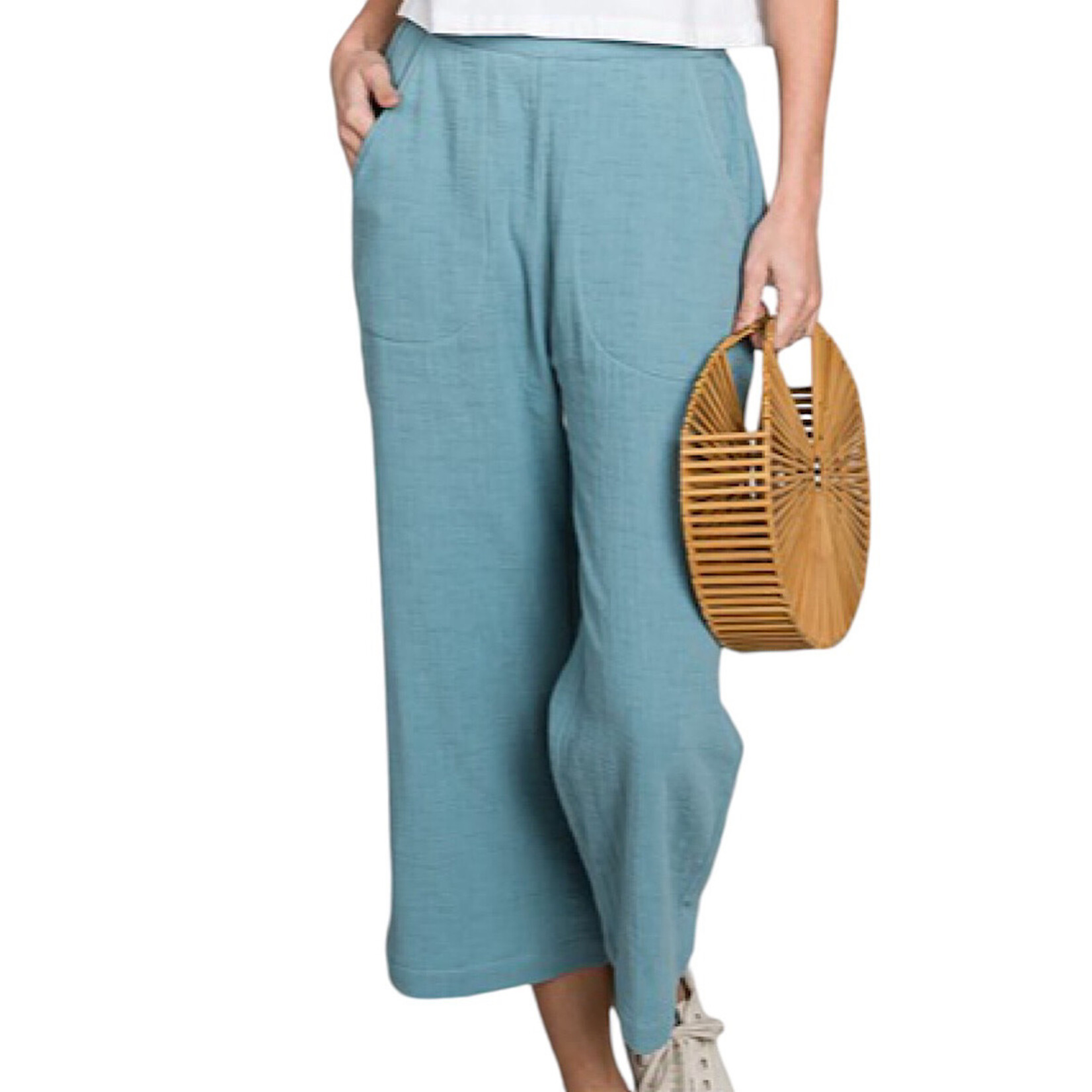 Sea Foam Woven Cotton Gauze Slub Ankle Length Pants