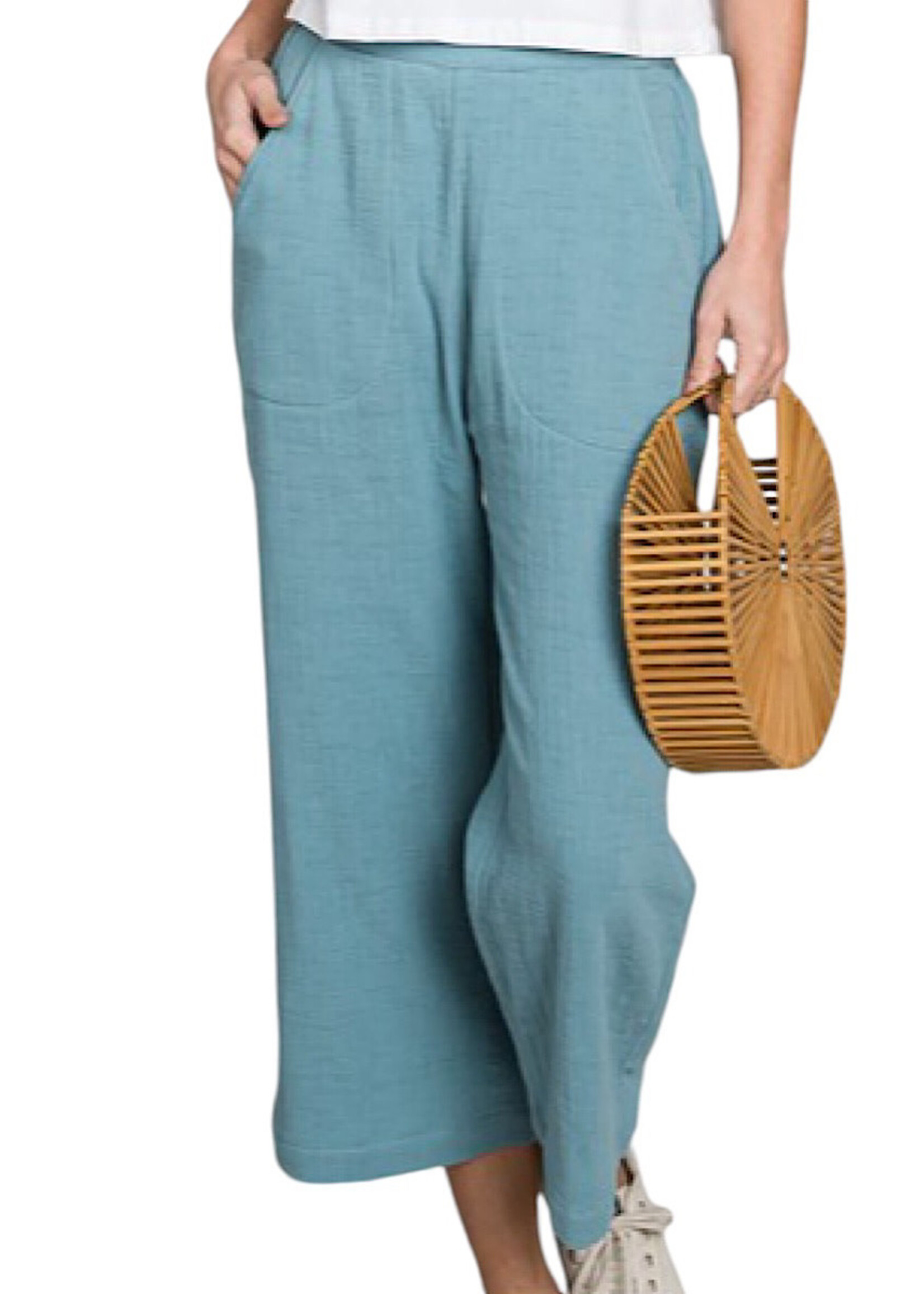 Sea Foam Woven Cotton Gauze Slub Ankle Length Pants