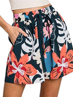 Teal Tropical Printed Shorts With Contrast Drawstring