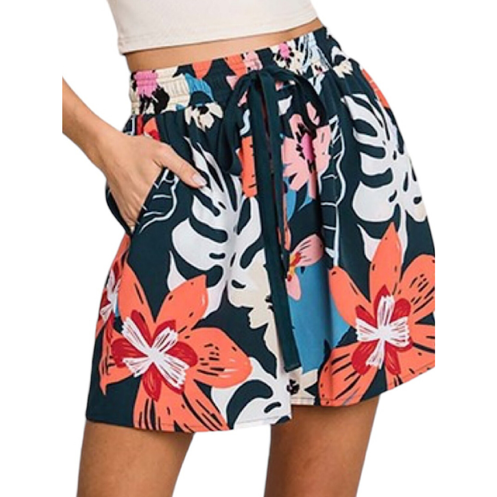 Teal Tropical Printed Shorts With Contrast Drawstring