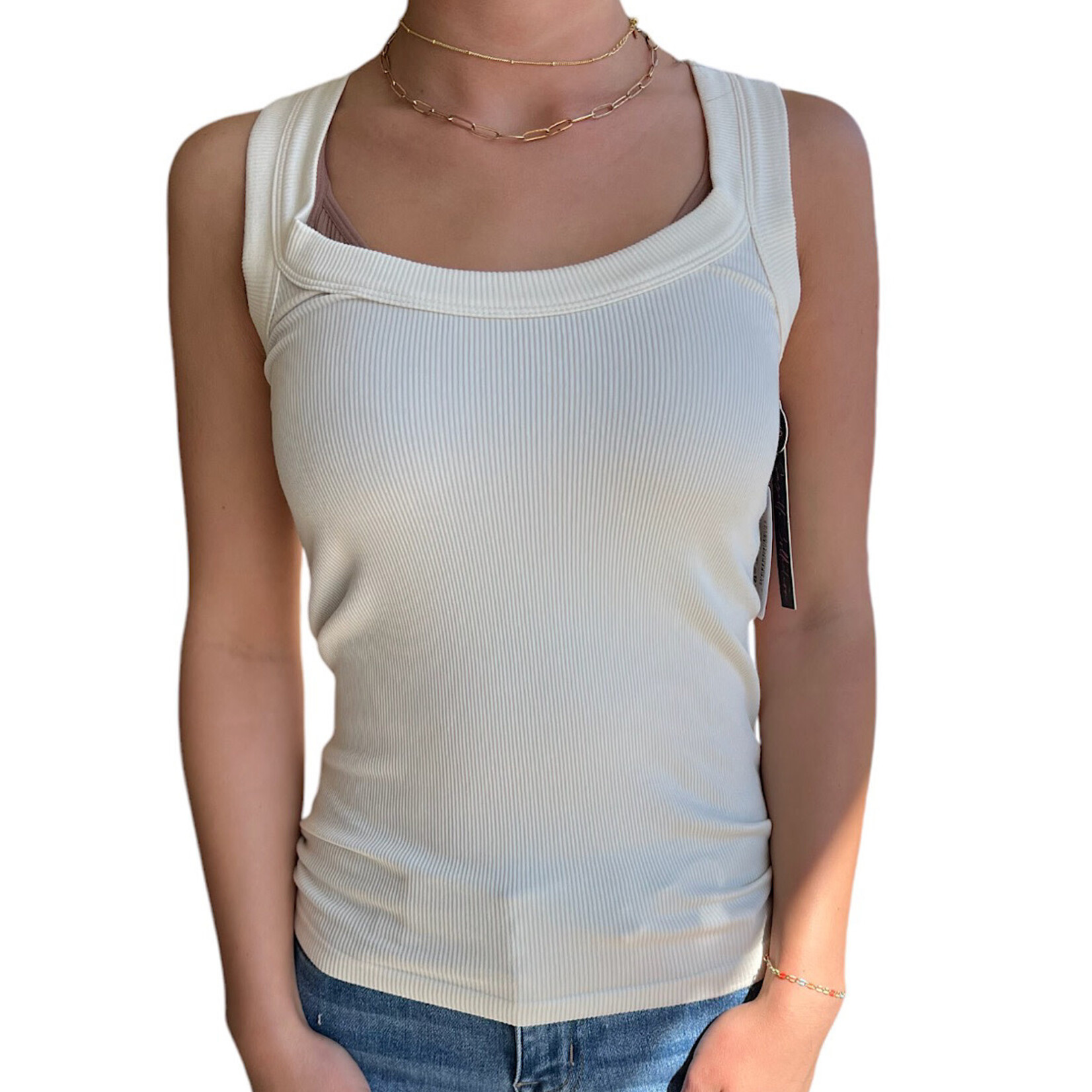 Cream Ribbed Long Tank