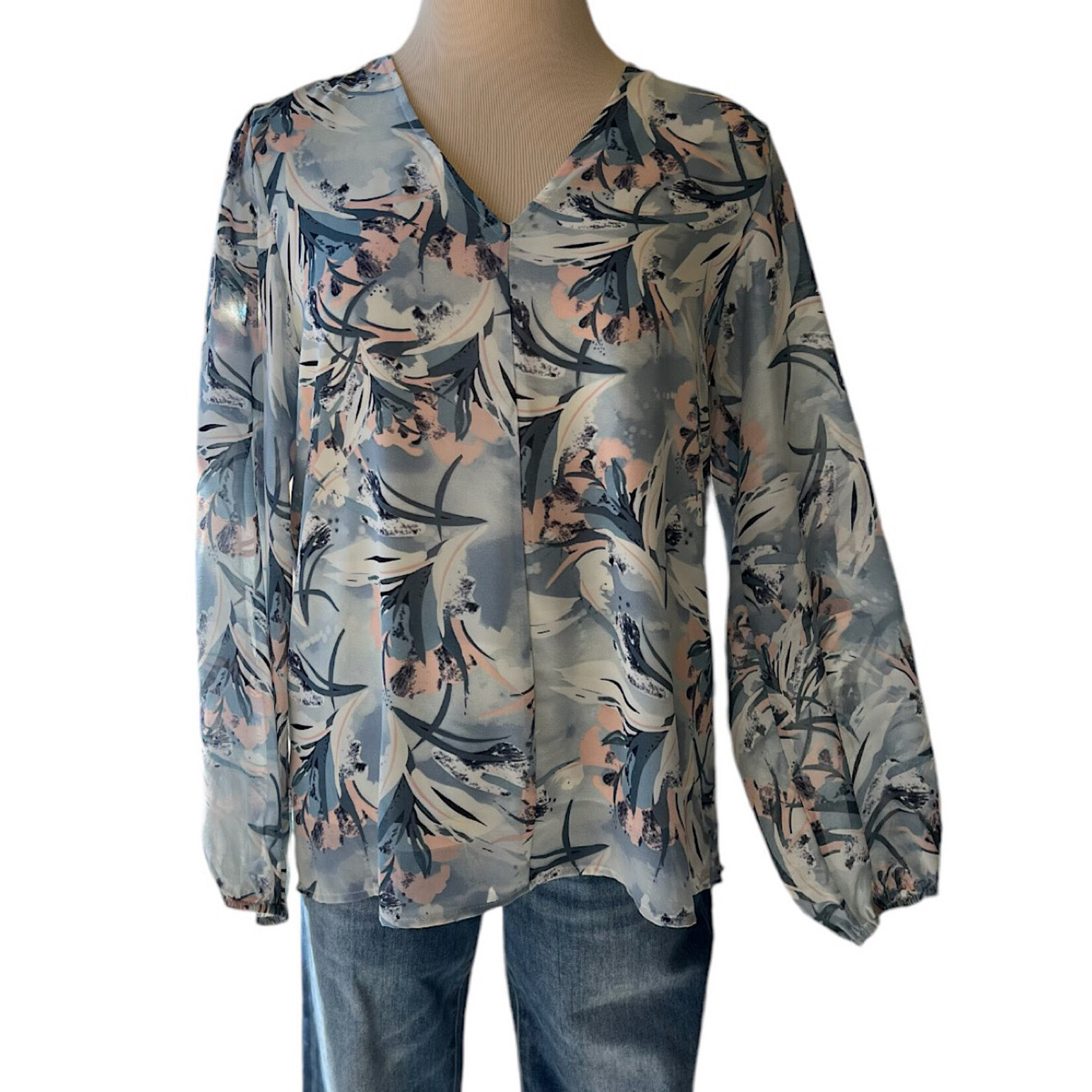 Blue Floral Print Bubble Sleeve Top