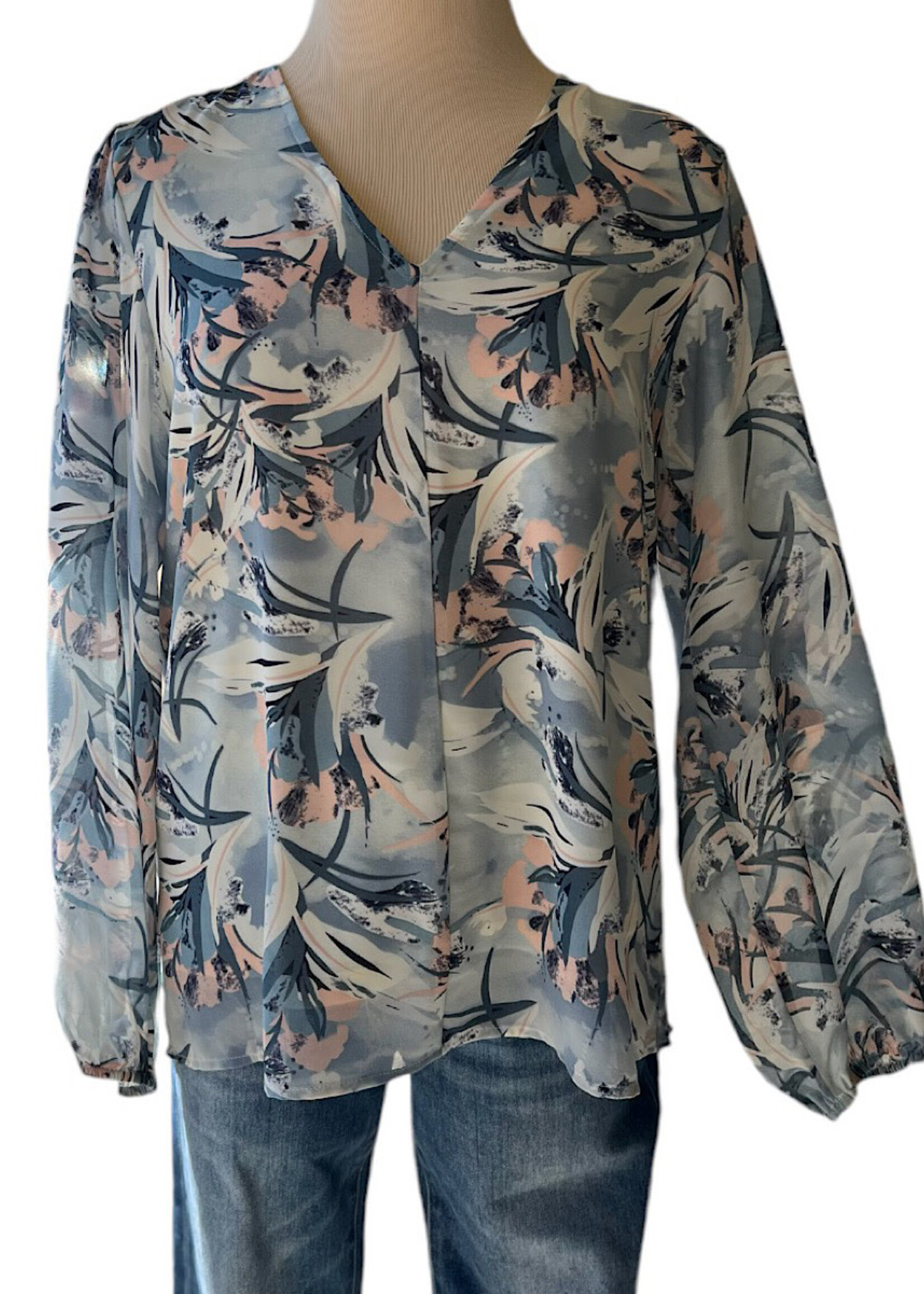 Blue Floral Print Bubble Sleeve Top