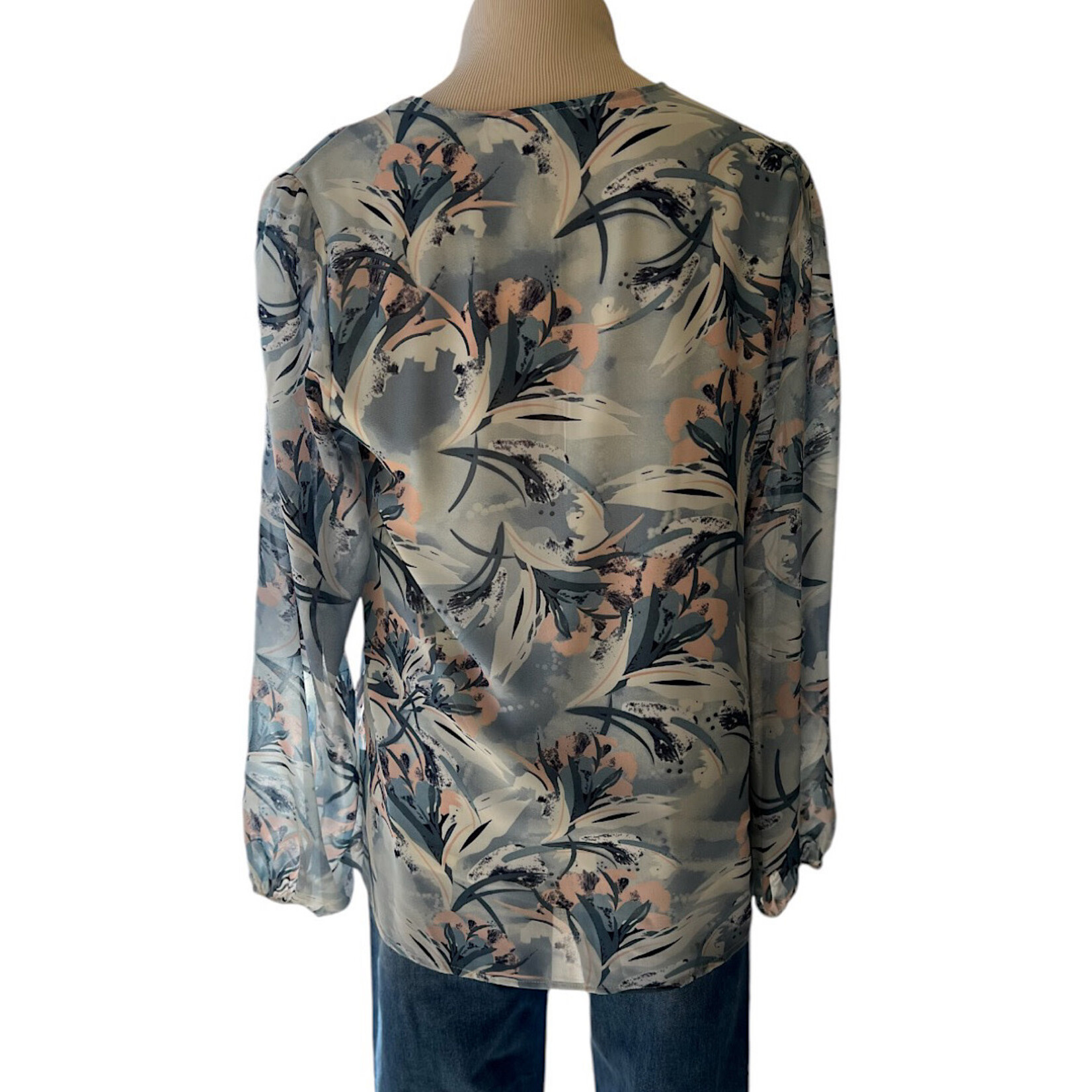 Blue Floral Print Bubble Sleeve Top