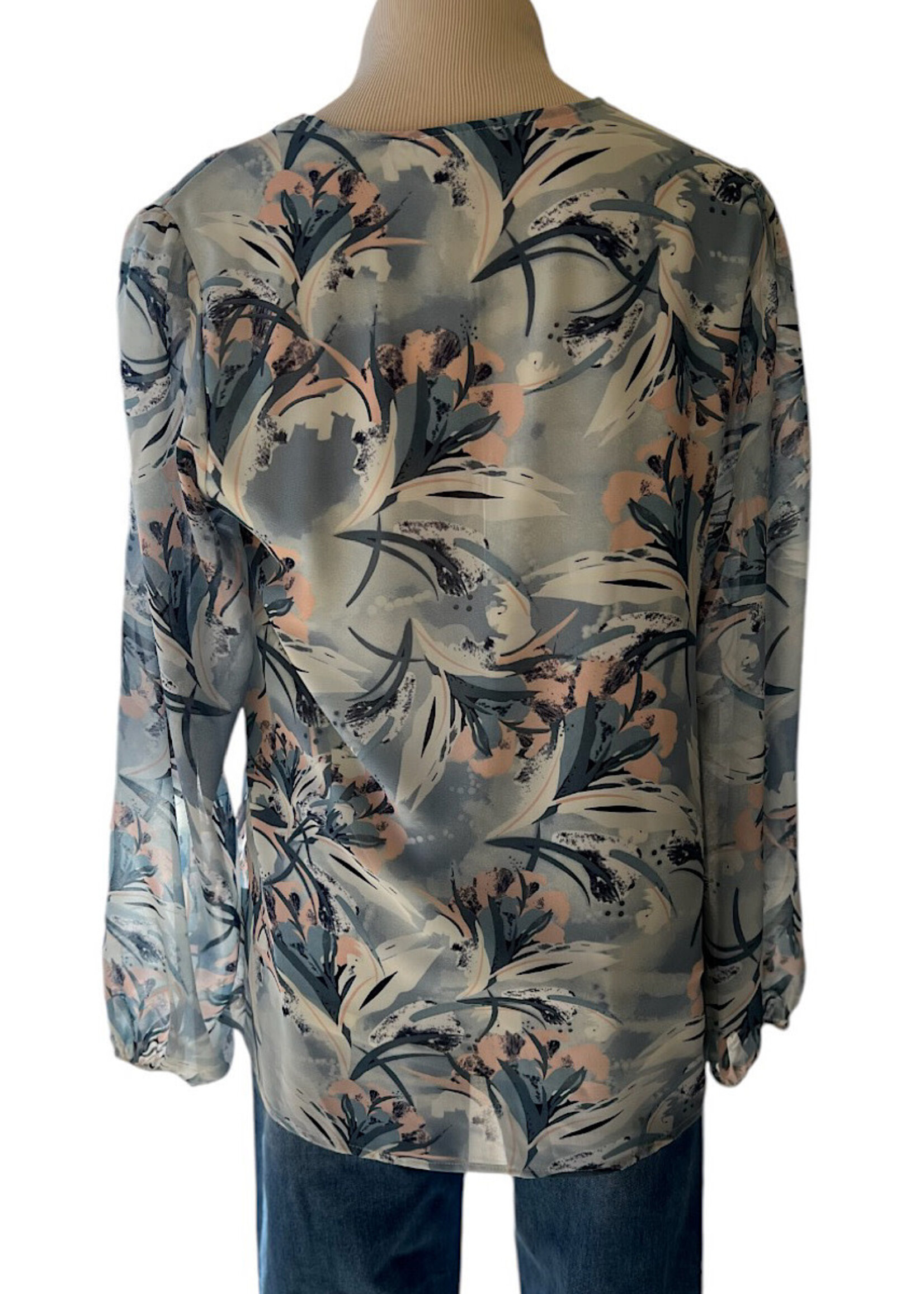 Blue Floral Print Bubble Sleeve Top