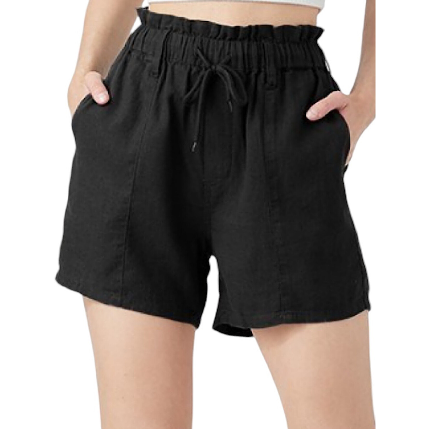 Black Linen Pull On Short