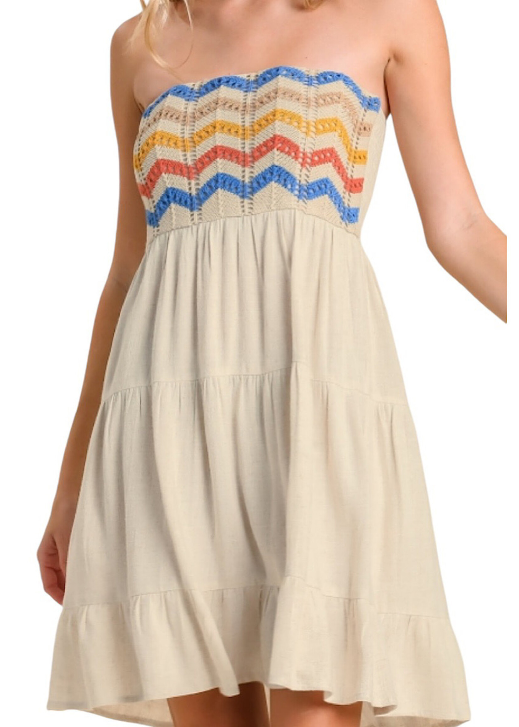 Oatmeal Crochet Colorful Strapless Linen Blend Dress - Main Street 