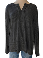 Black Striped Placket Front Henley Neck Top