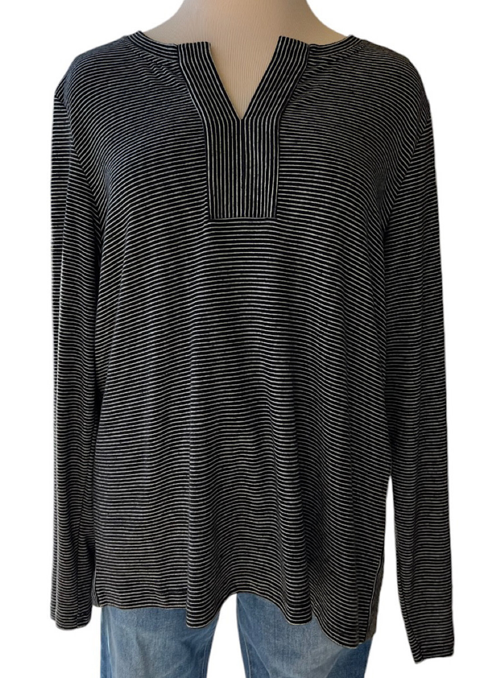 Black Striped Placket Front Henley Neck Top