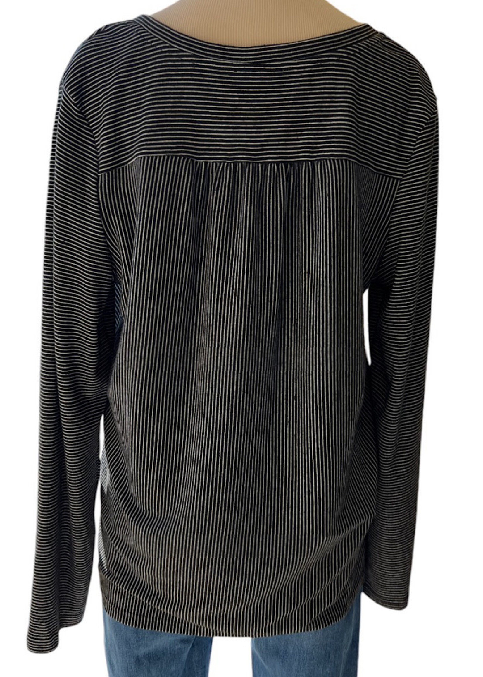 Black Striped Placket Front Henley Neck Top