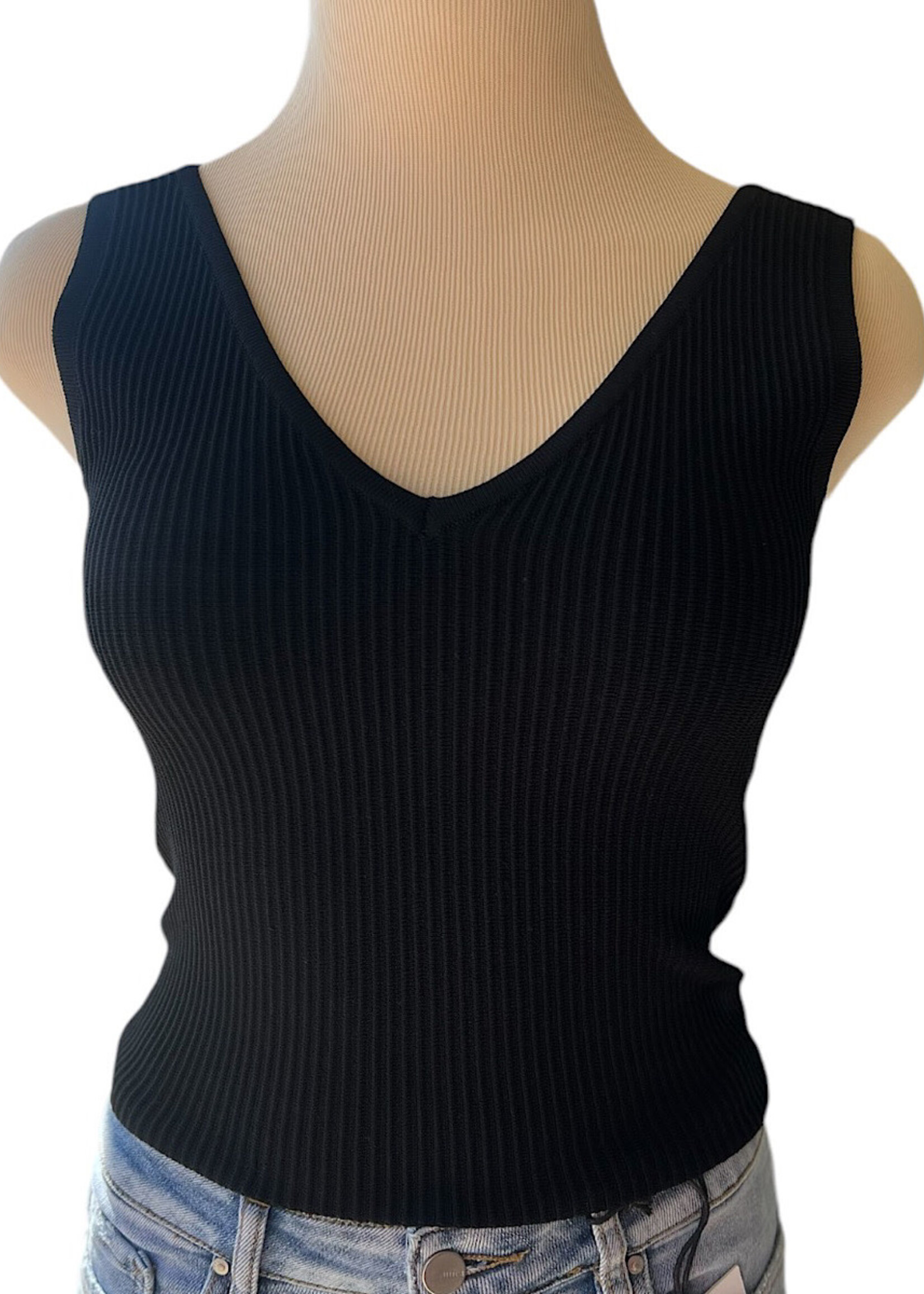 Black Bodycon Techno Rib V Neck Tank