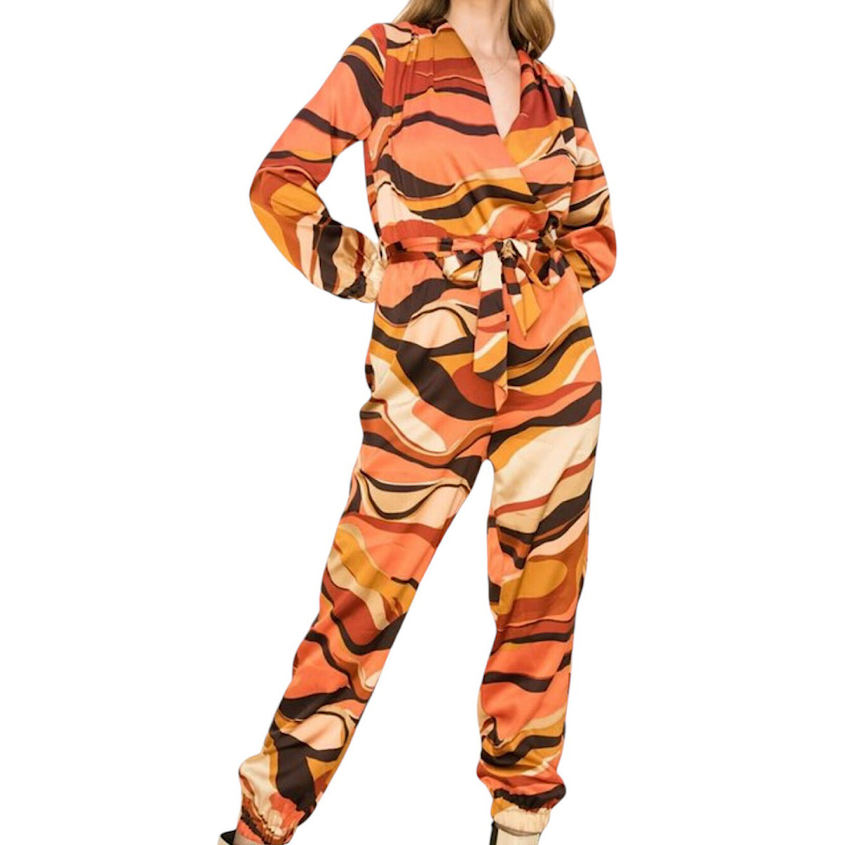 Brown Multi Psychedelic Print Tie-Front Jumpsuit