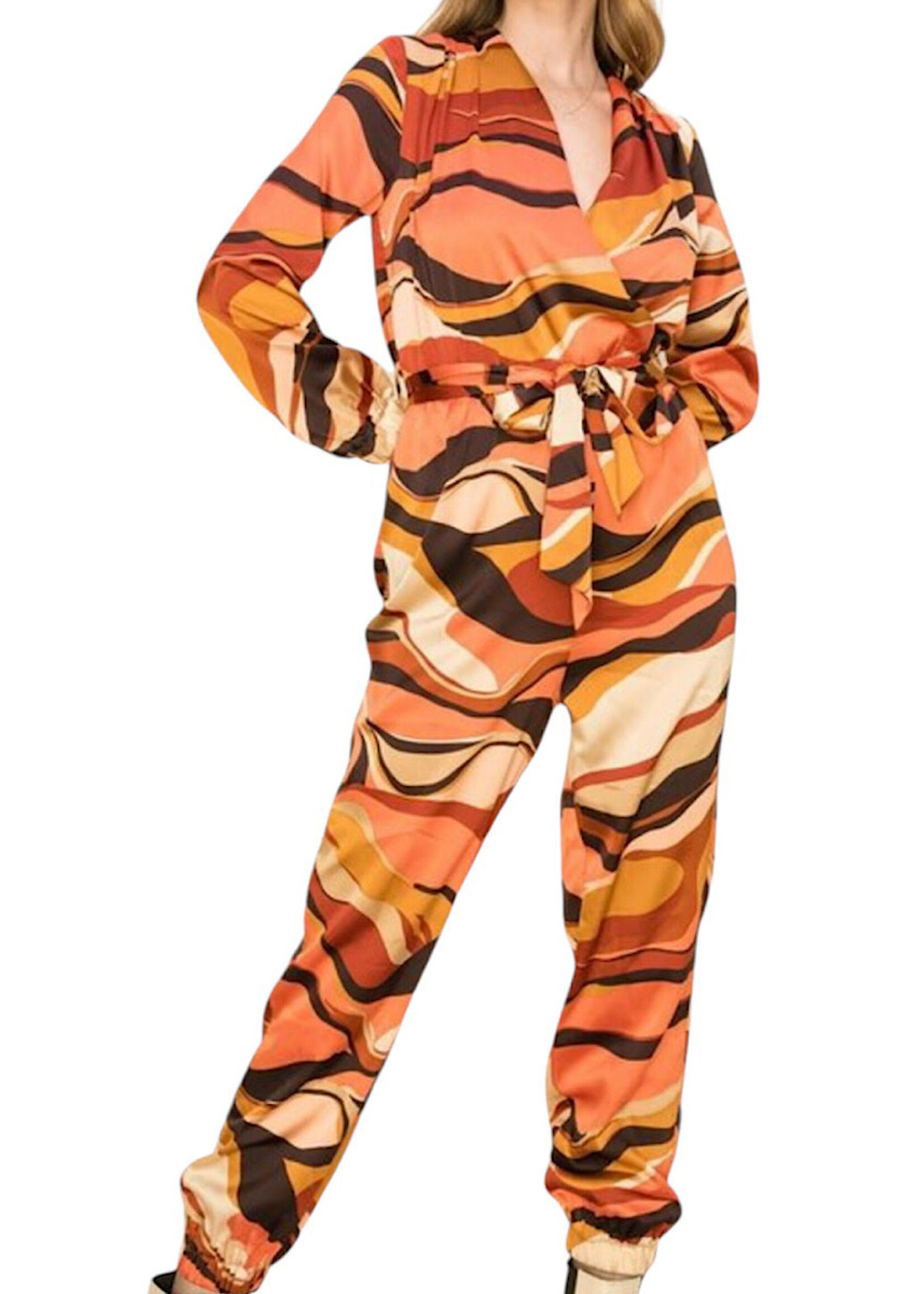 Brown Multi Psychedelic Print Tie-Front Jumpsuit
