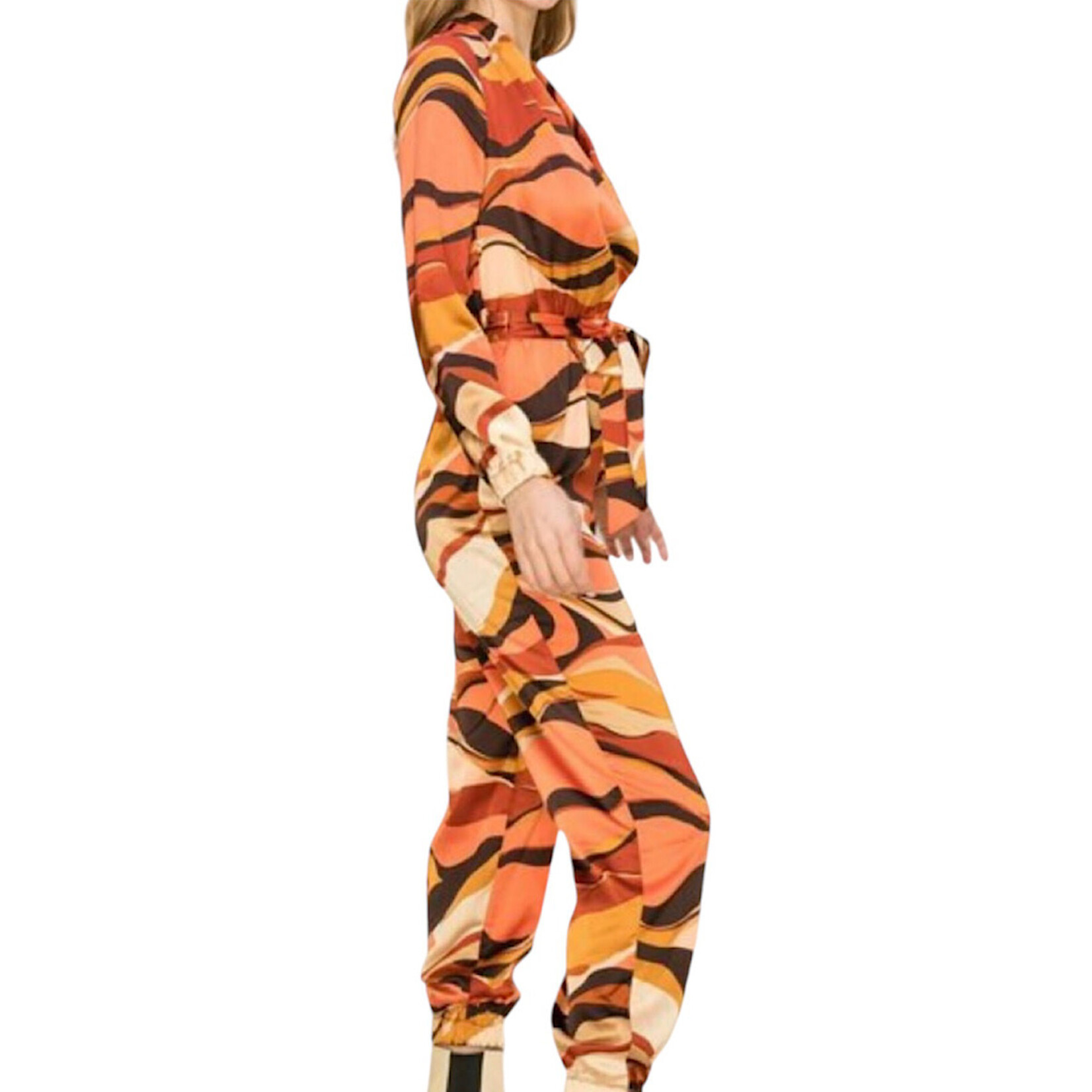 Brown Multi Psychedelic Print Tie-Front Jumpsuit