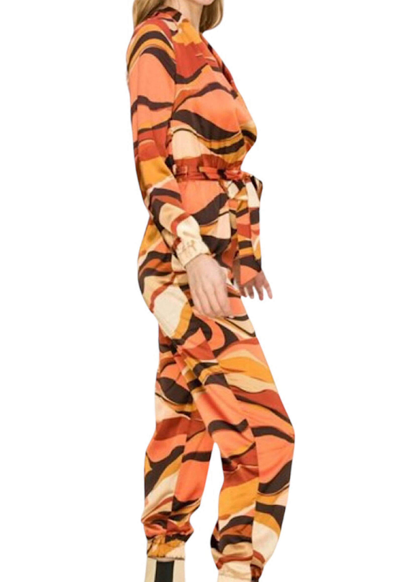 Brown Multi Psychedelic Print Tie-Front Jumpsuit