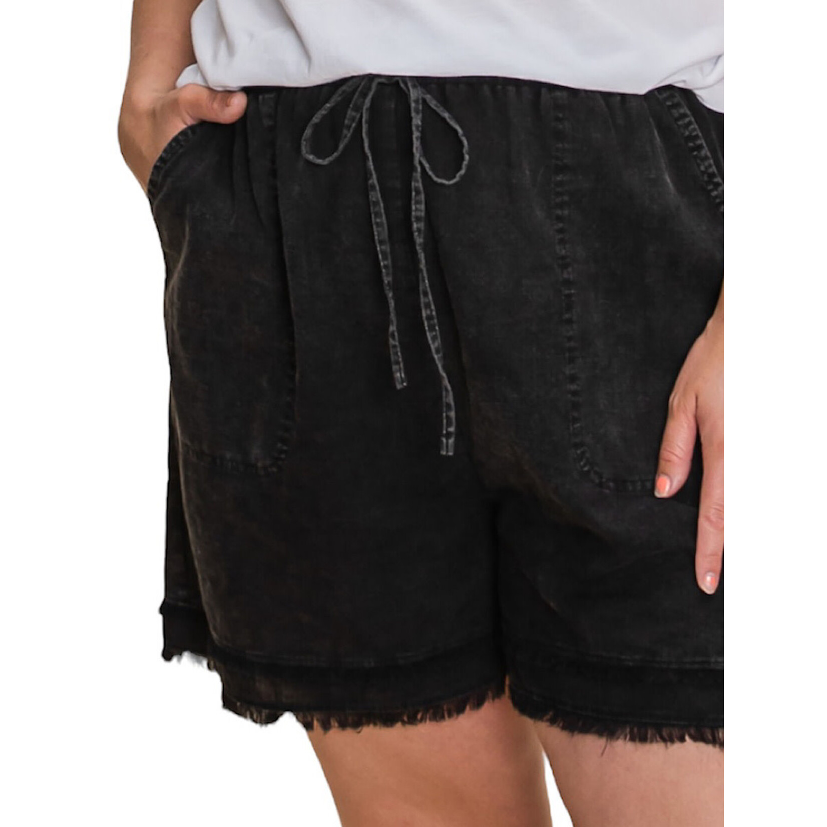 Black Curvy Cotton Slub Frayed Shorts