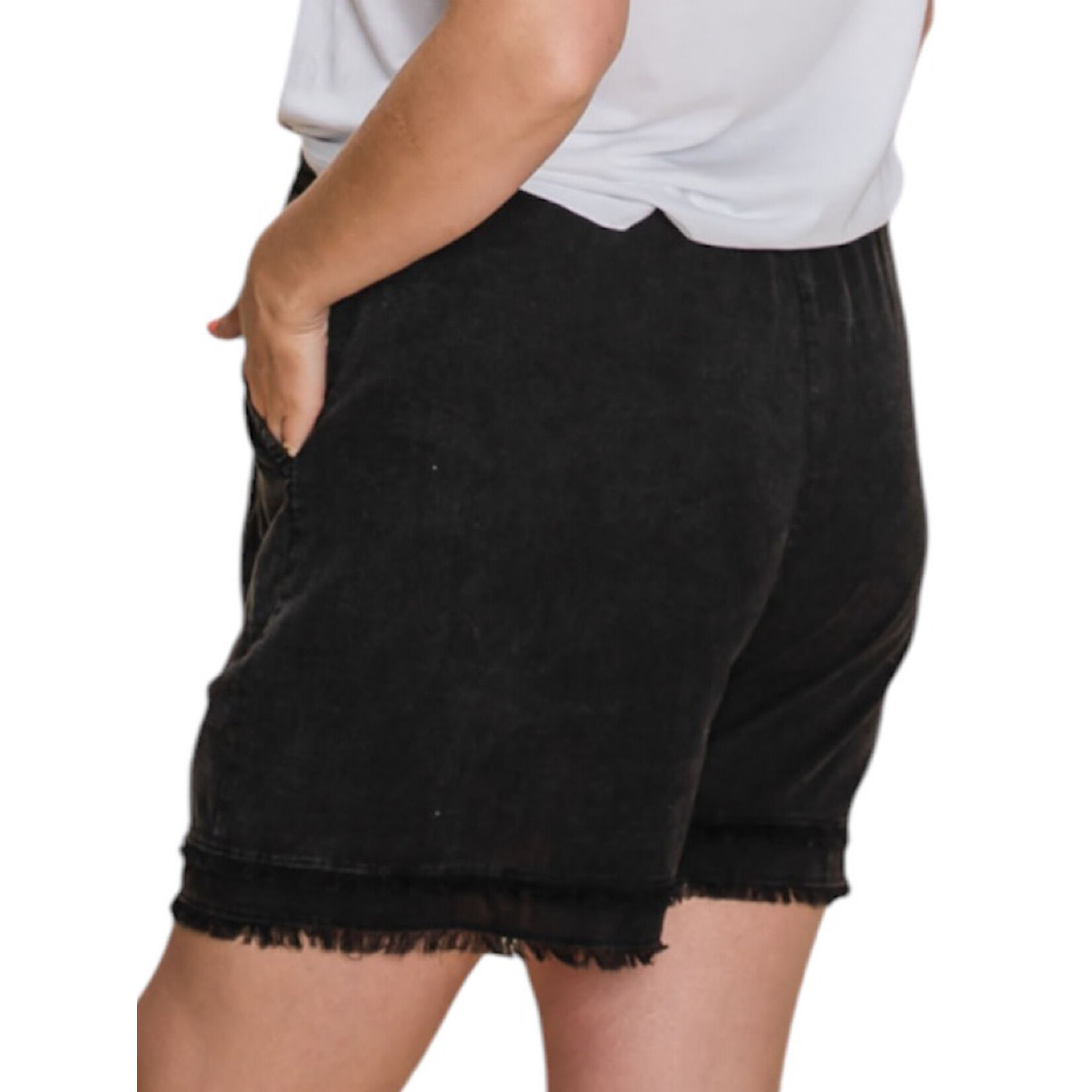 Black Curvy Cotton Slub Frayed Shorts