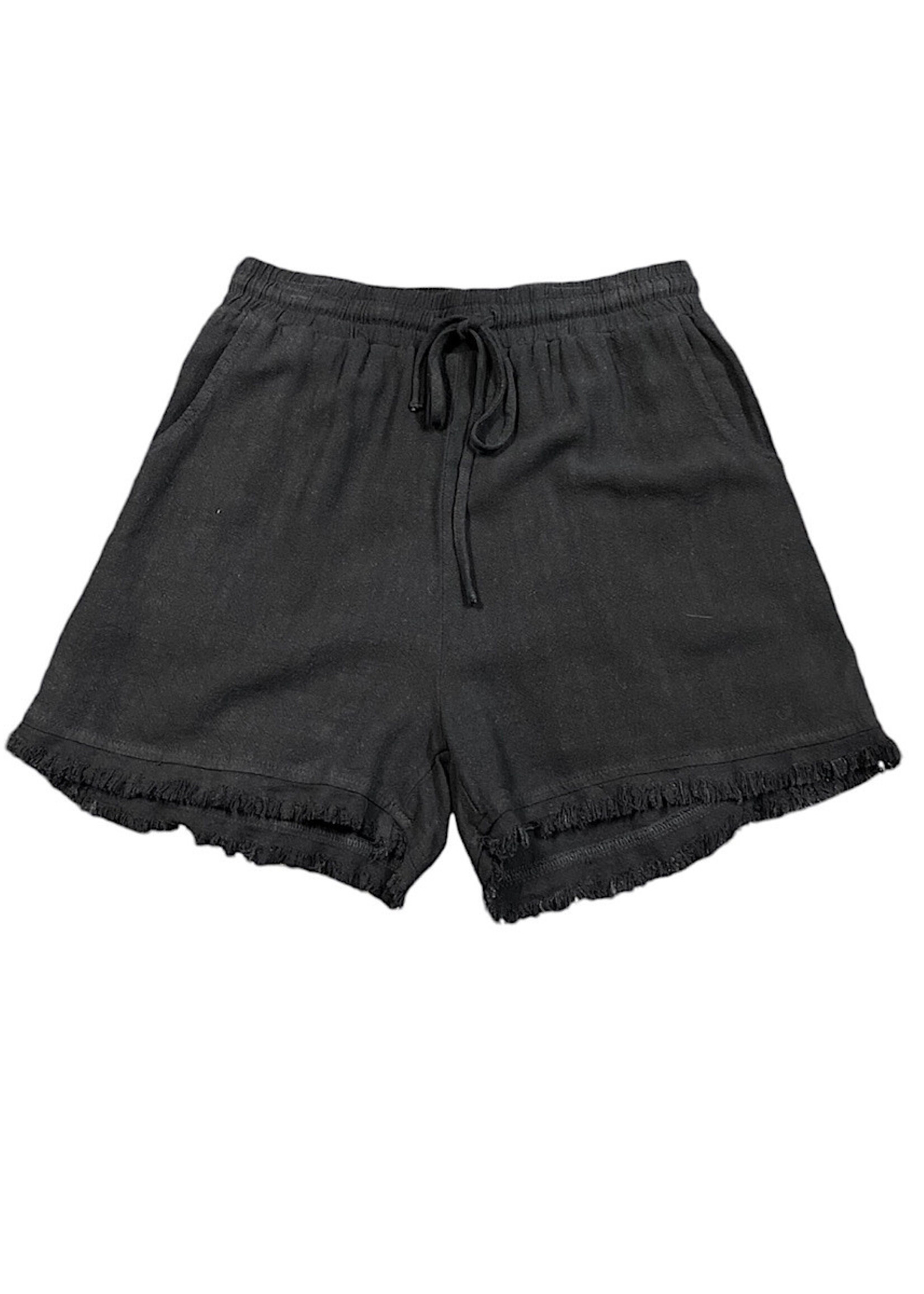 Black Linen Frayed Short