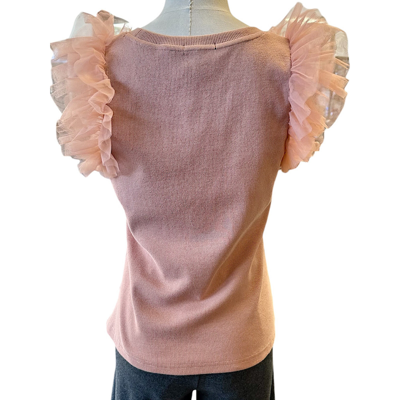 Dusty Rose Mesh Ruffle Detailed Sleeve Top