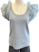 Dusty Blue Mesh Ruffle Detailed Sleeve Top