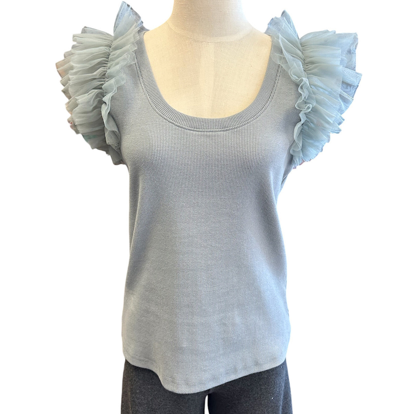 Dusty Blue Mesh Ruffle Detailed Sleeve Top
