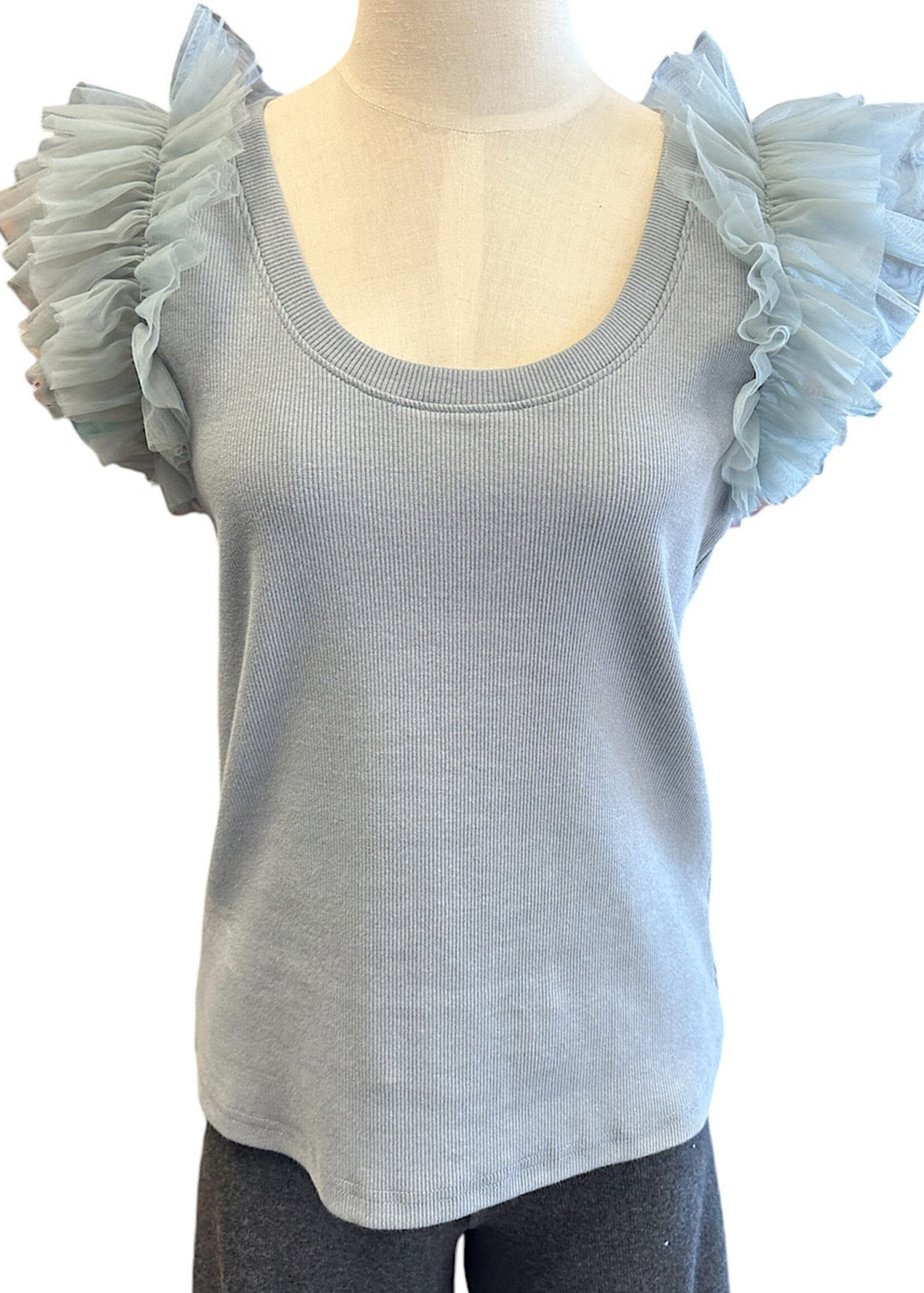 Dusty Blue Mesh Ruffle Detailed Sleeve Top