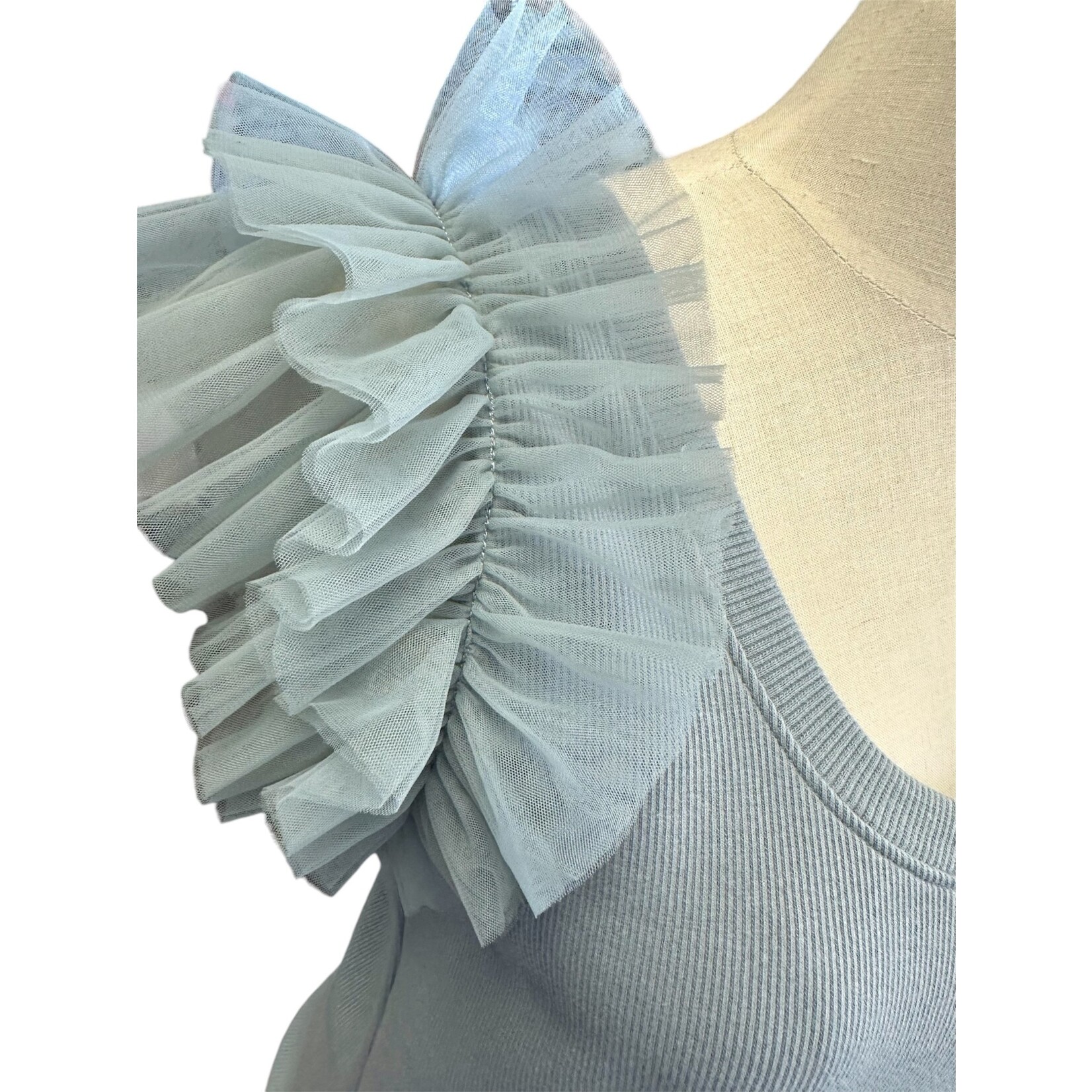 Dusty Blue Mesh Ruffle Detailed Sleeve Top