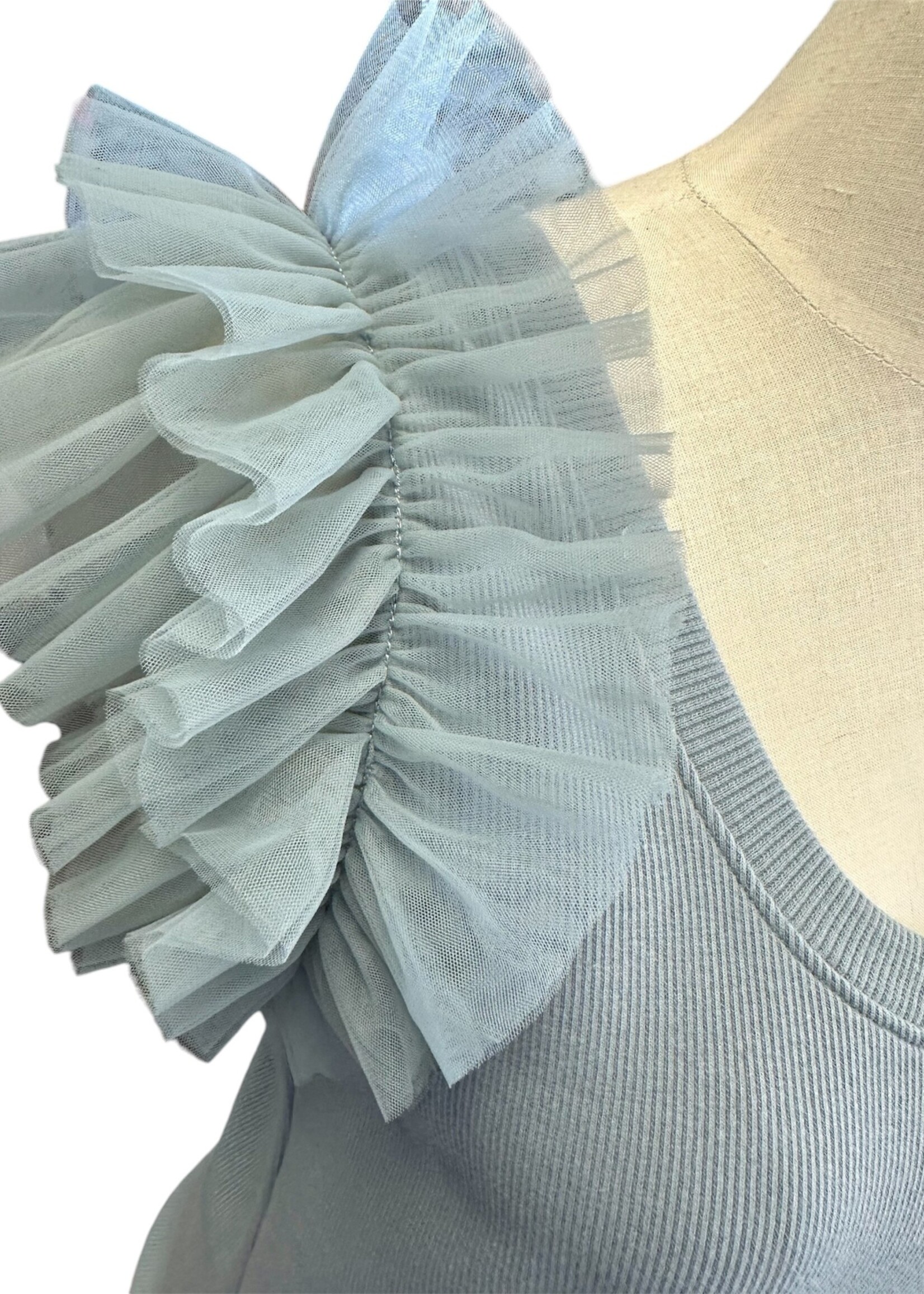 Dusty Blue Mesh Ruffle Detailed Sleeve Top