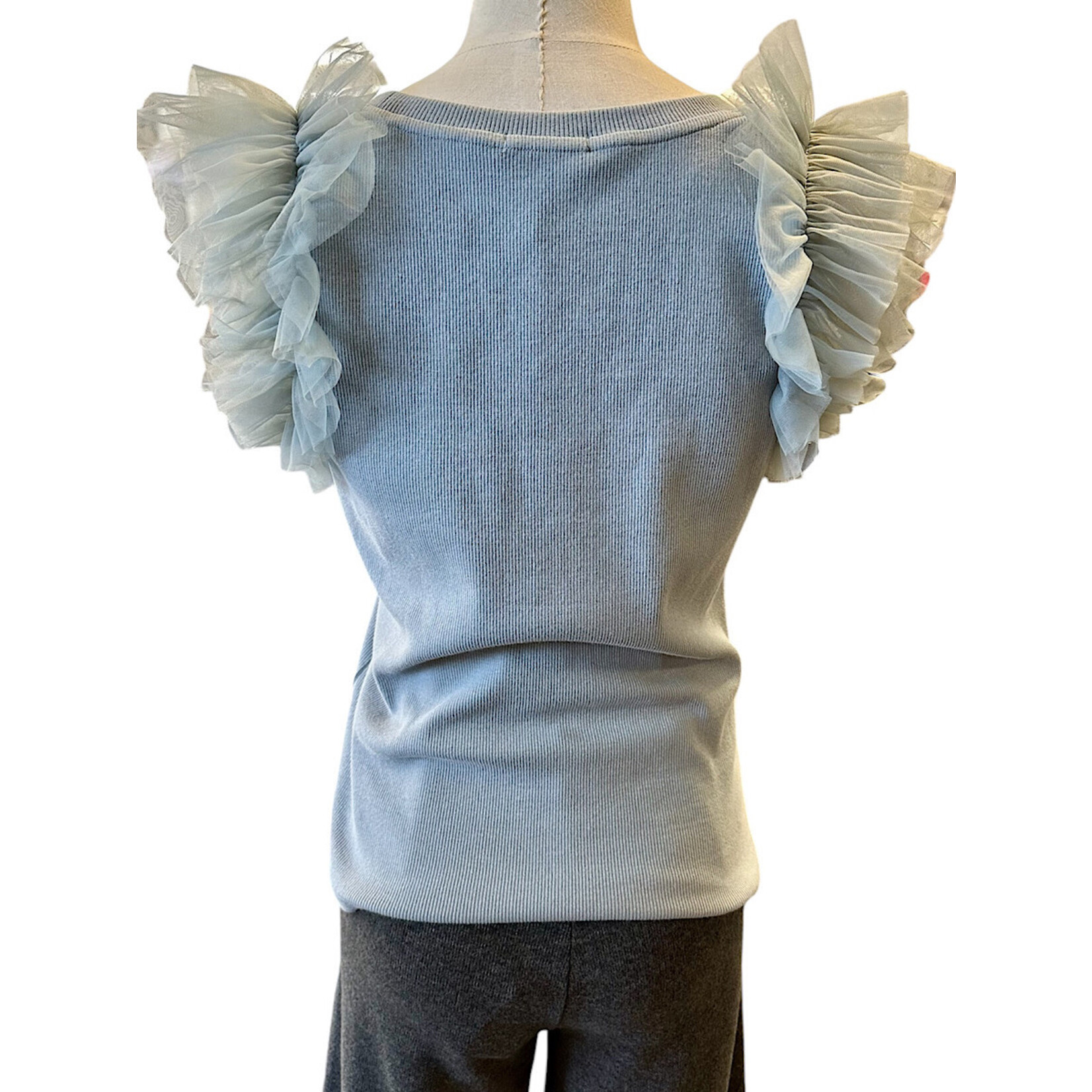 Dusty Blue Mesh Ruffle Detailed Sleeve Top