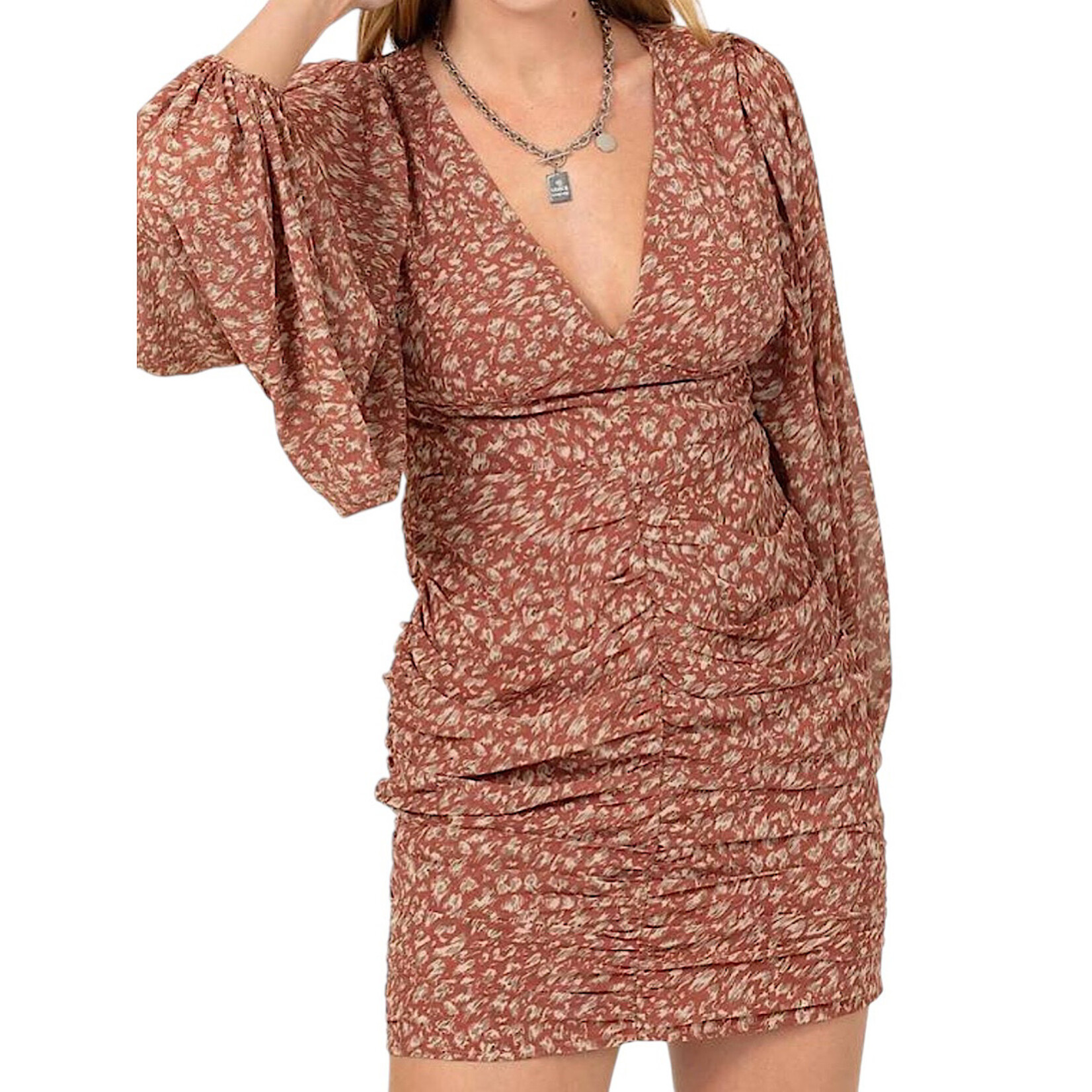 D.Mauve Animal Print Ruched Mini Dress