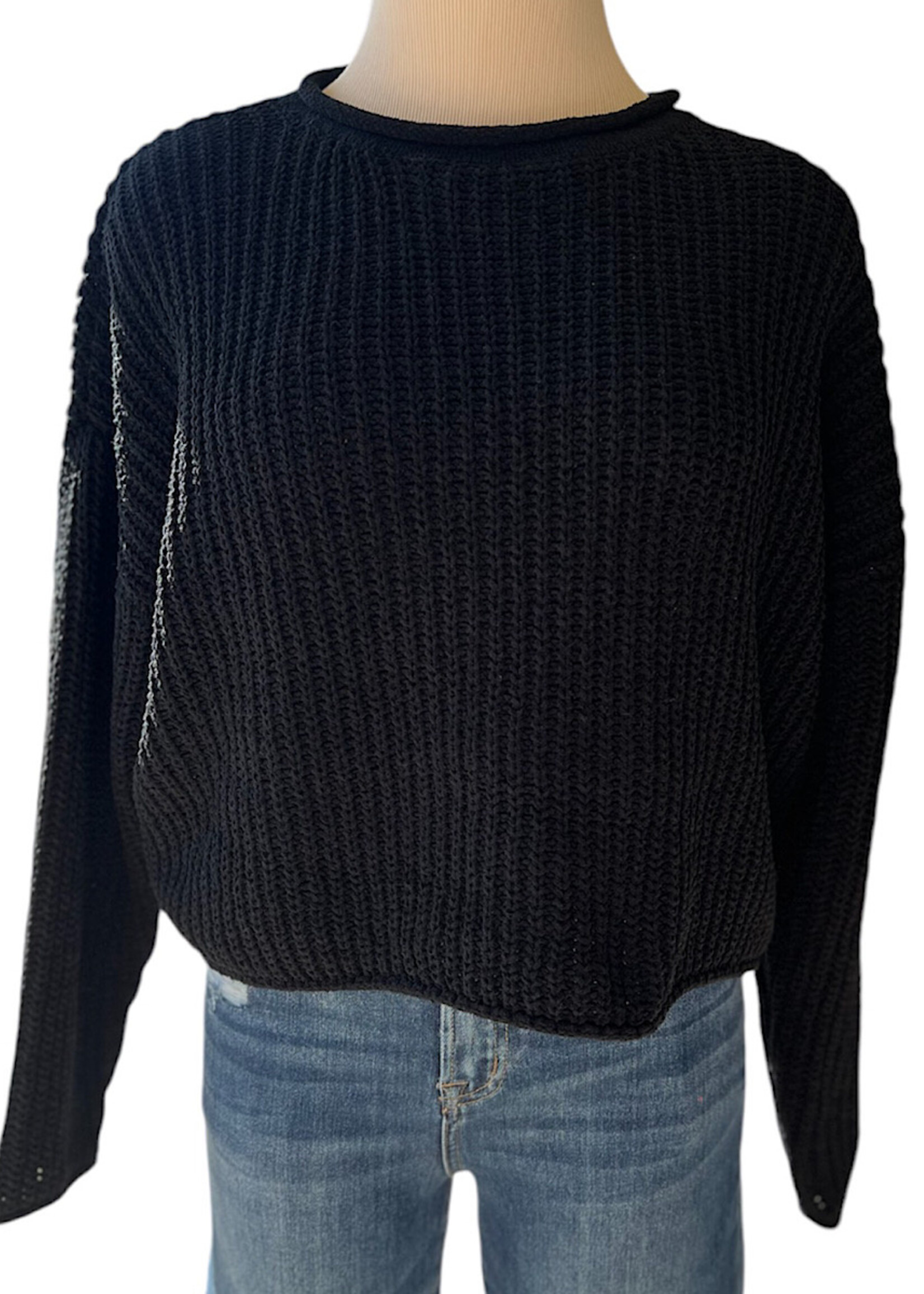 Black Rolled Edge Knit Sweater