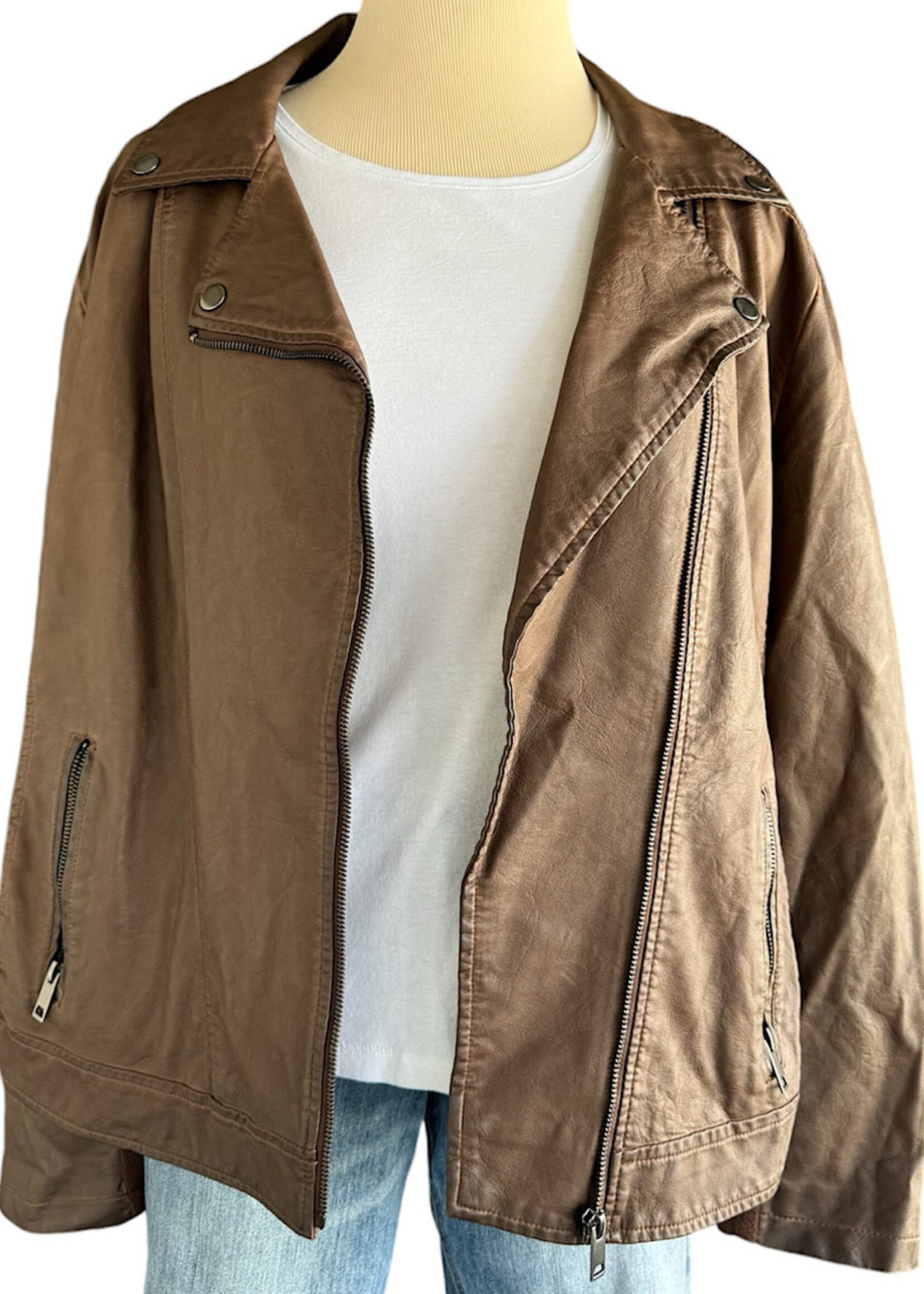 Plus Brown Leather Biker Jacket Size 2XL-RF