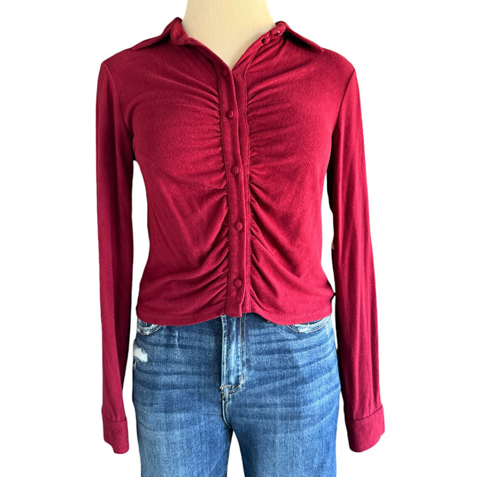 Burgundy Ruched Button Front Crop Top Size Small-RF