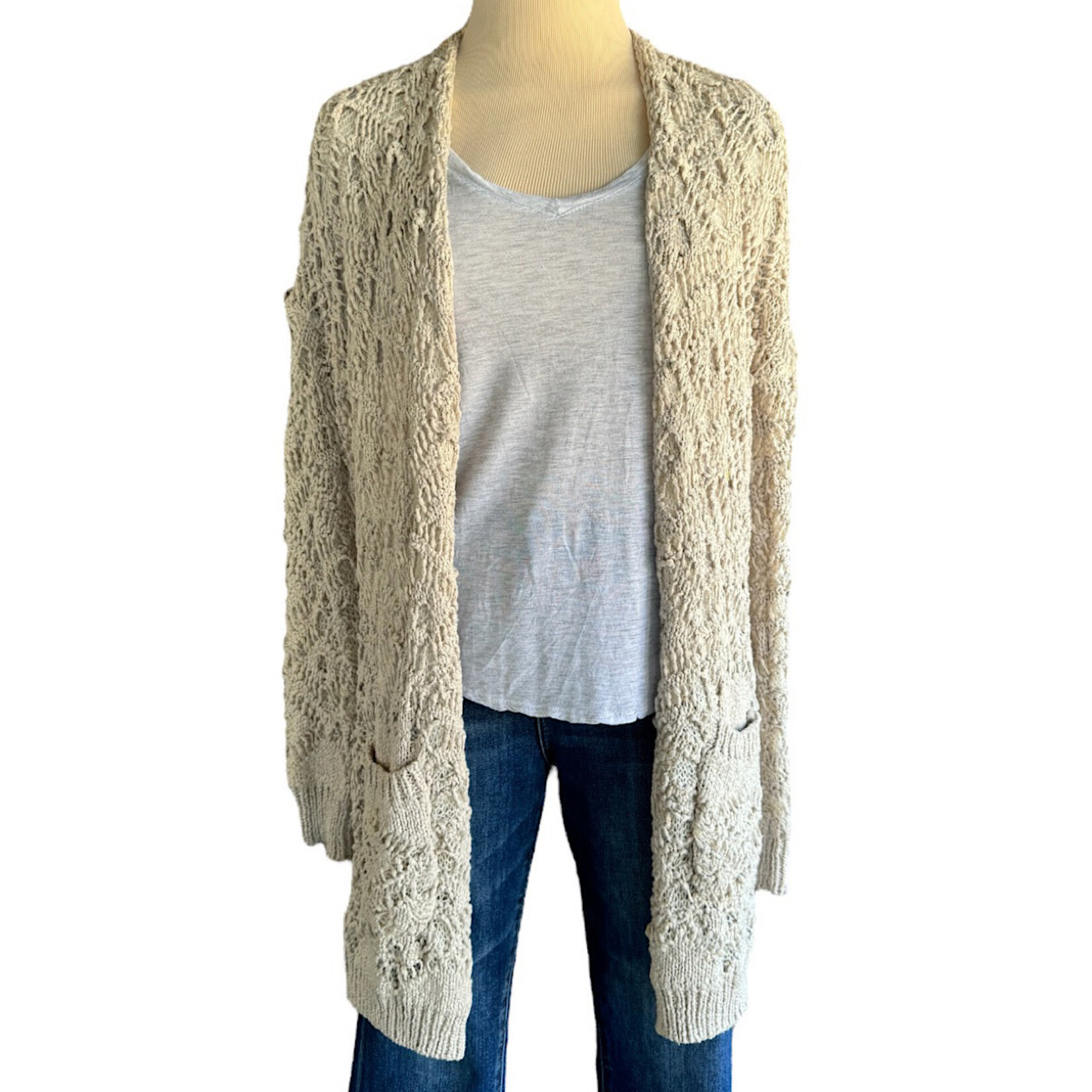 Crochet Knit Mid Length Cardigan Size Small-RF