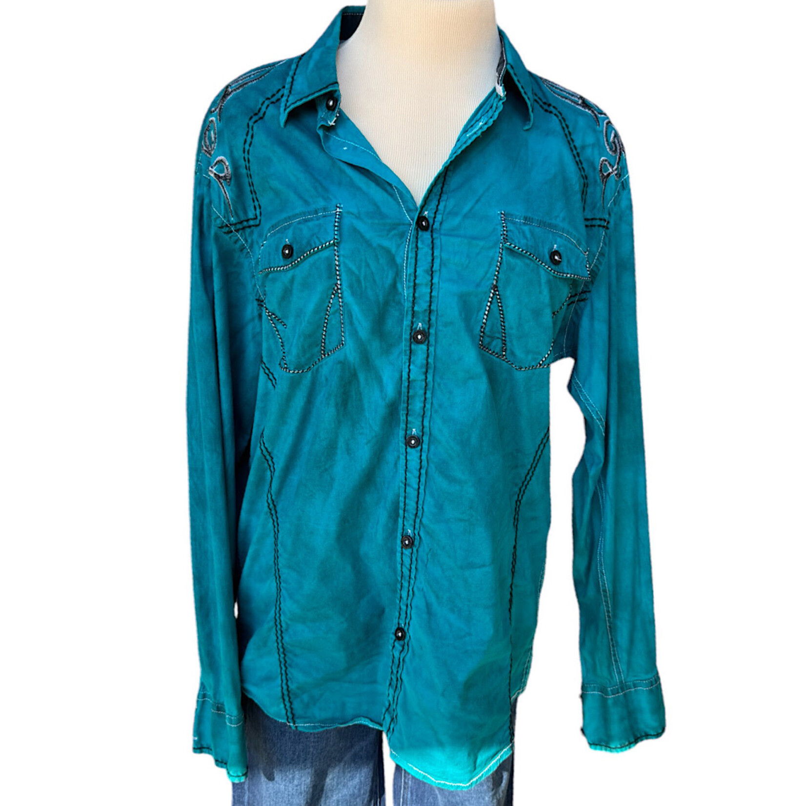 Turquoise Embroidered Button Up Shirt Size Large-RF