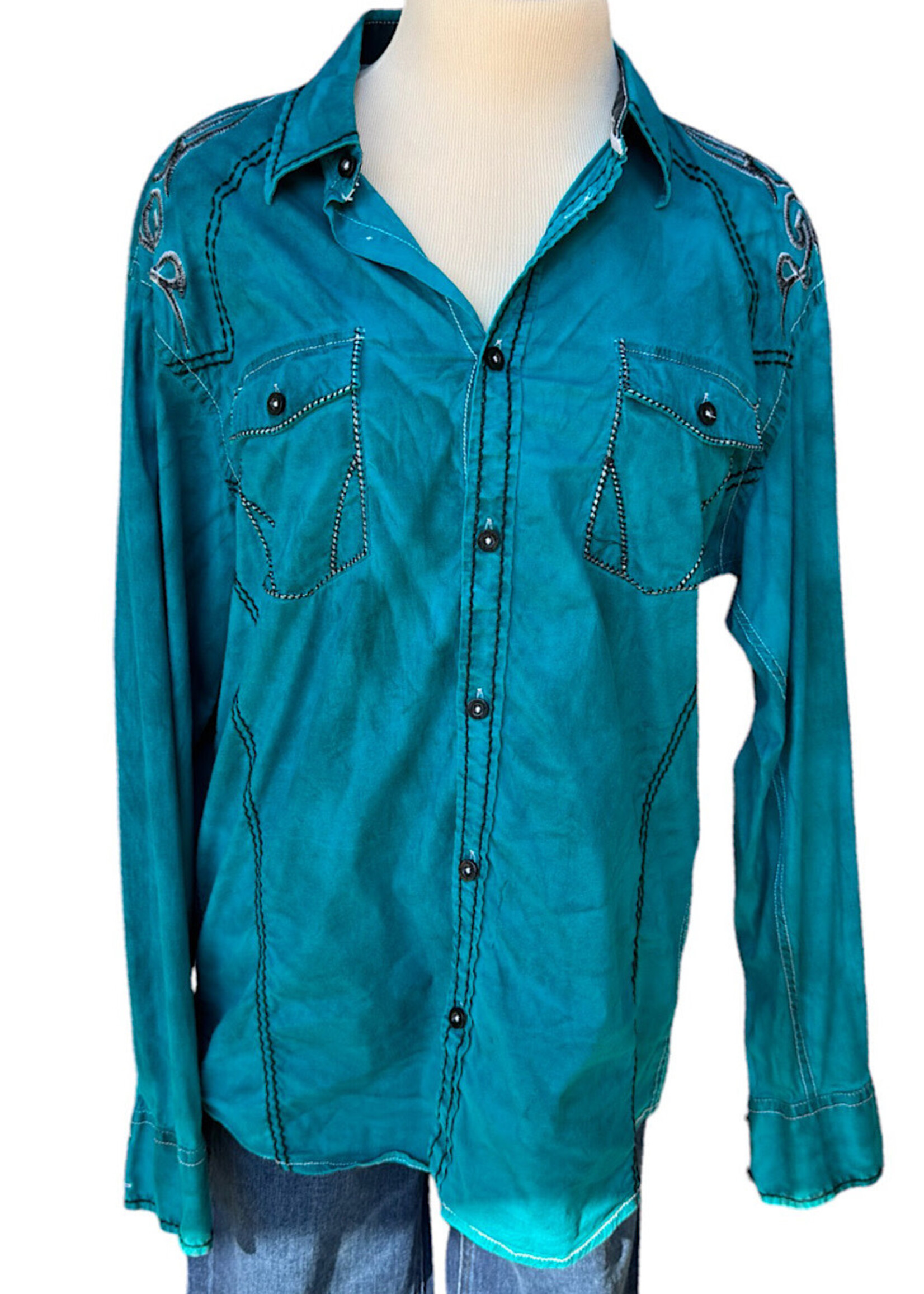 Turquoise Embroidered Button Up Shirt Size Large-RF
