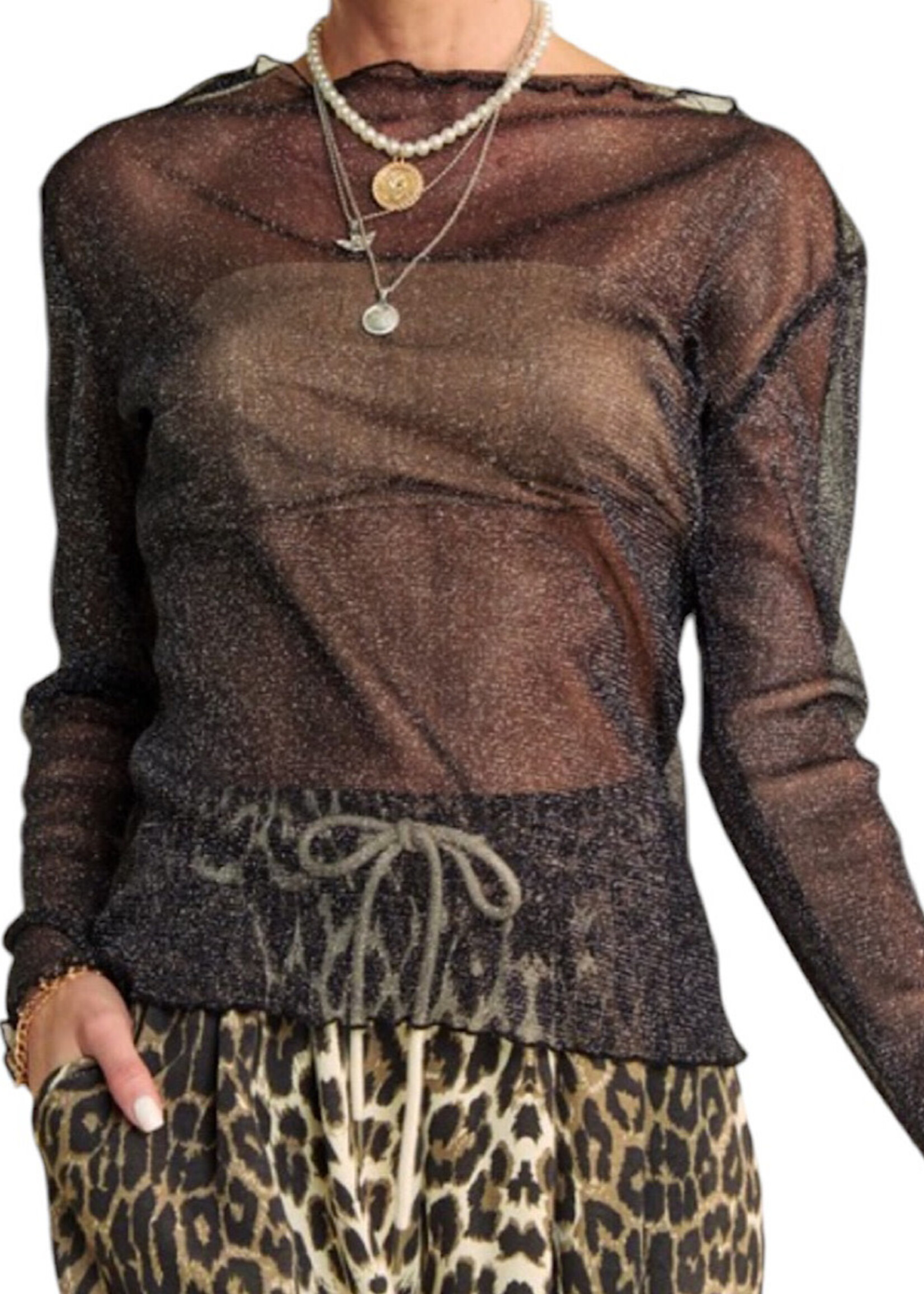 Black Glitter Mesh Lettus Hem Long Sleeve Top