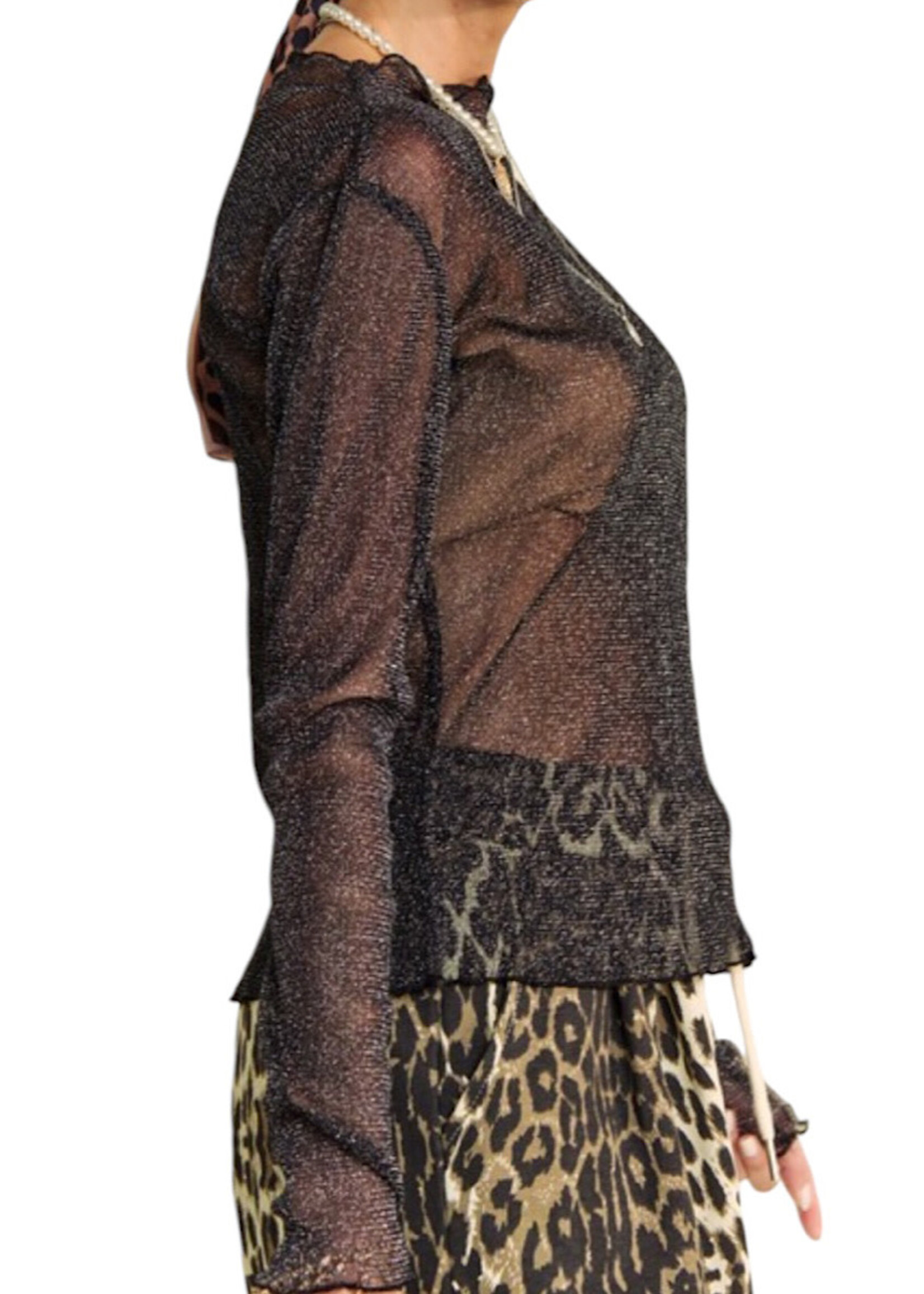 Black Glitter Mesh Lettus Hem Long Sleeve Top