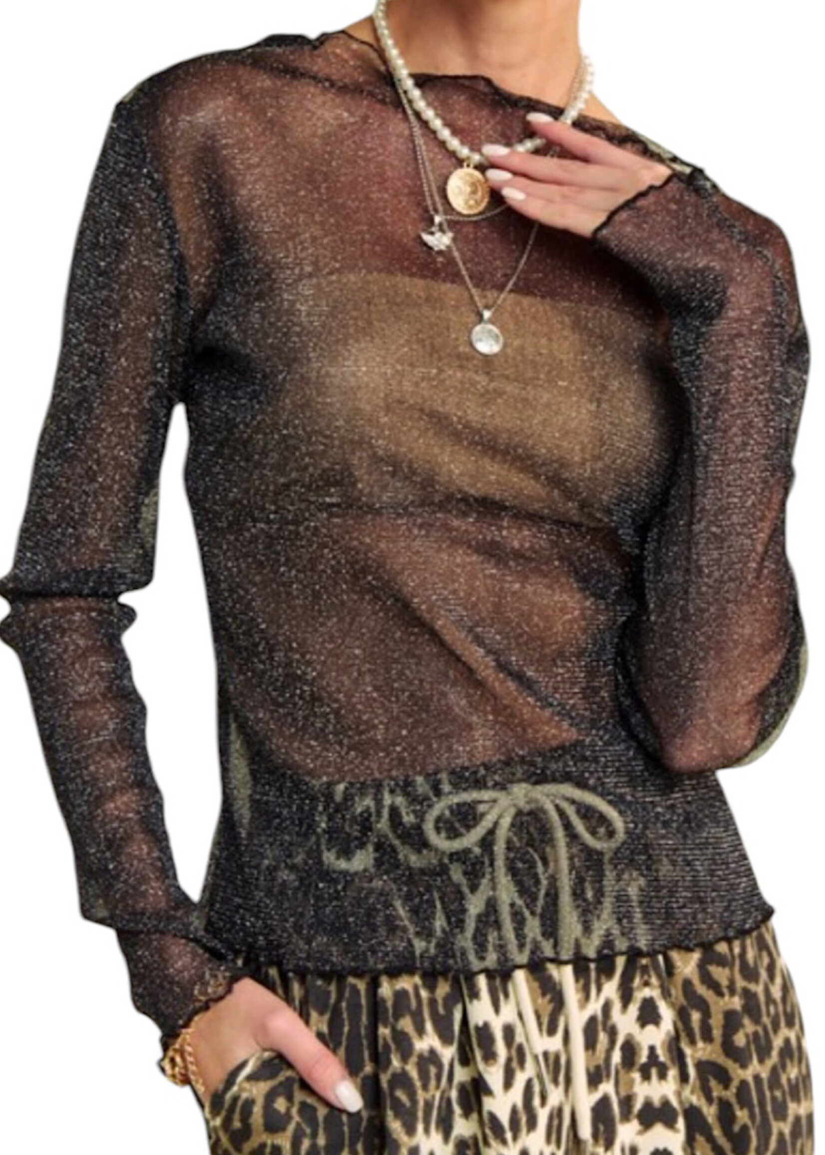 Black Glitter Mesh Lettus Hem Long Sleeve Top
