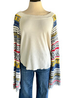 White Sweater with Multi Color Bell Sleeves Size XL-RF