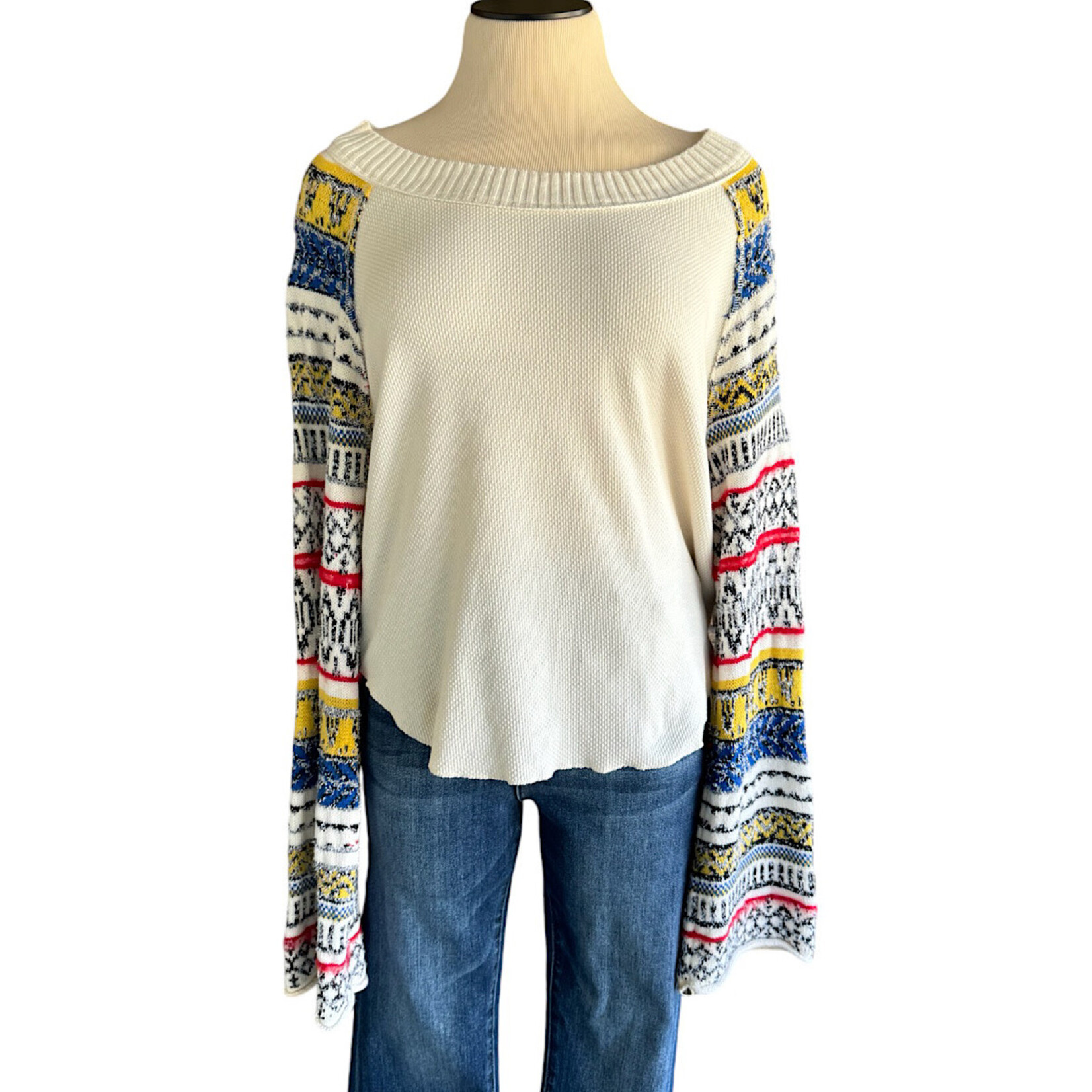 Free People White Sweater with Multi Color Bell Sleeves Size XL-RF
