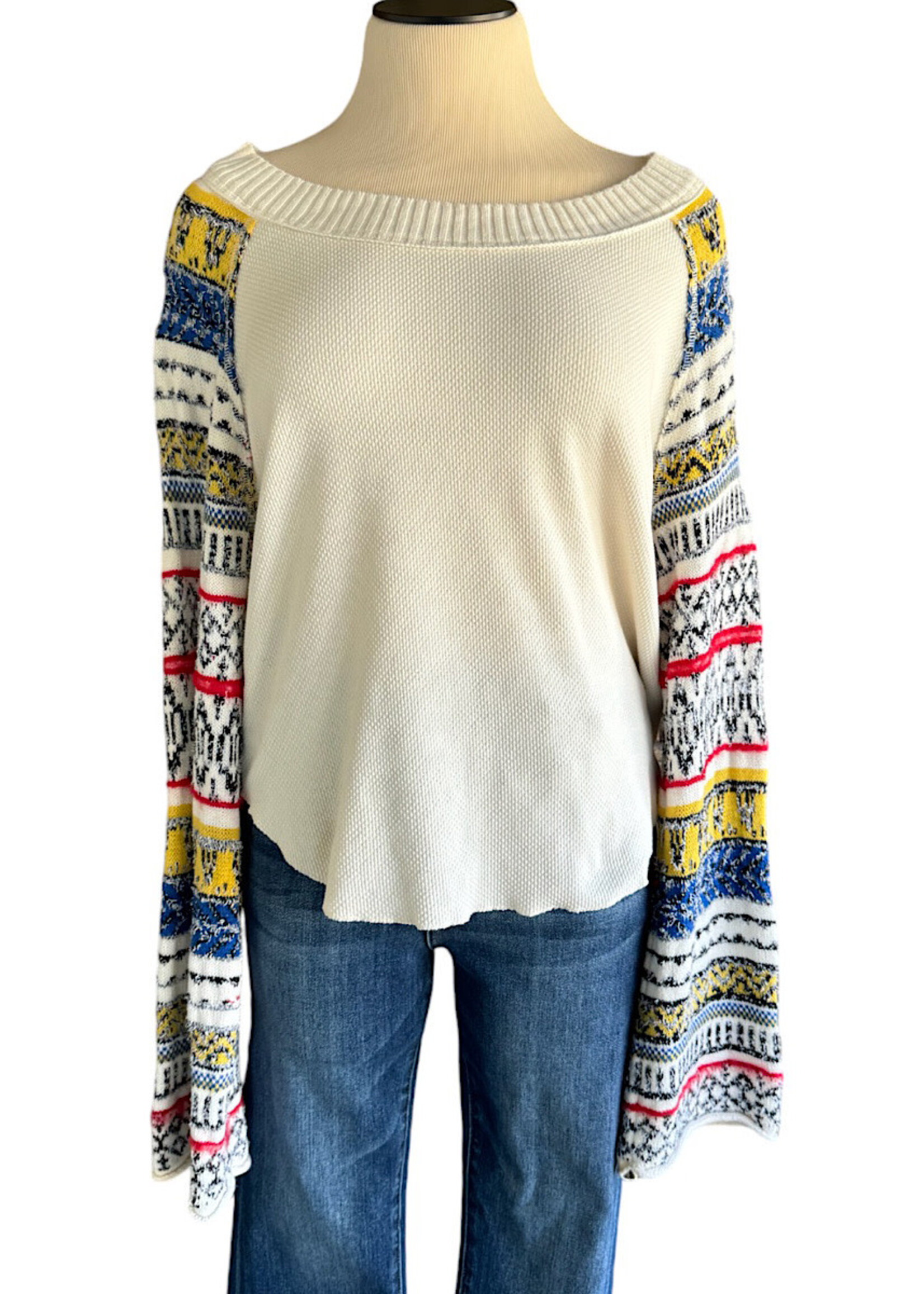 White Sweater with Multi Color Bell Sleeves Size XL-RF