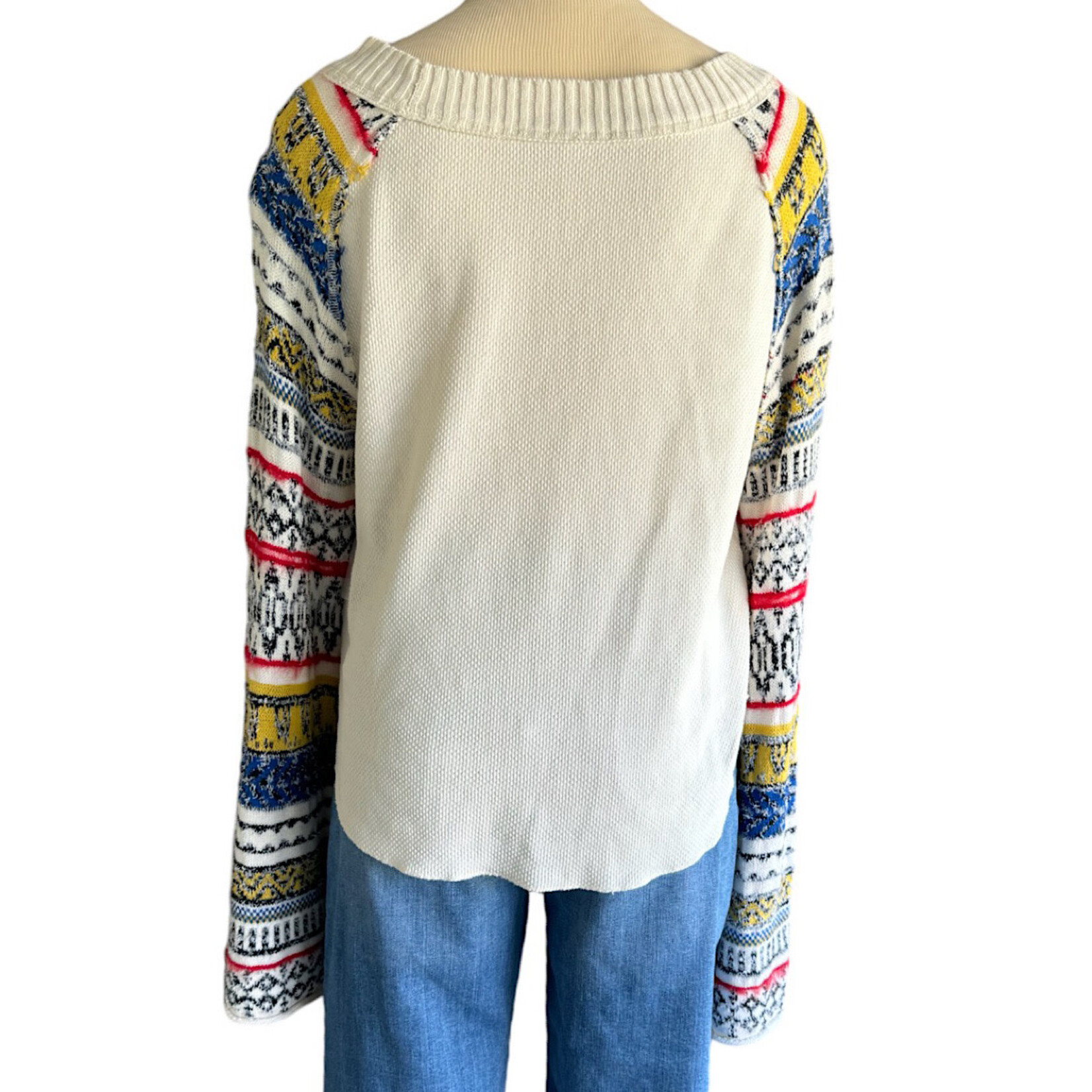 Free People White Sweater with Multi Color Bell Sleeves Size XL-RF