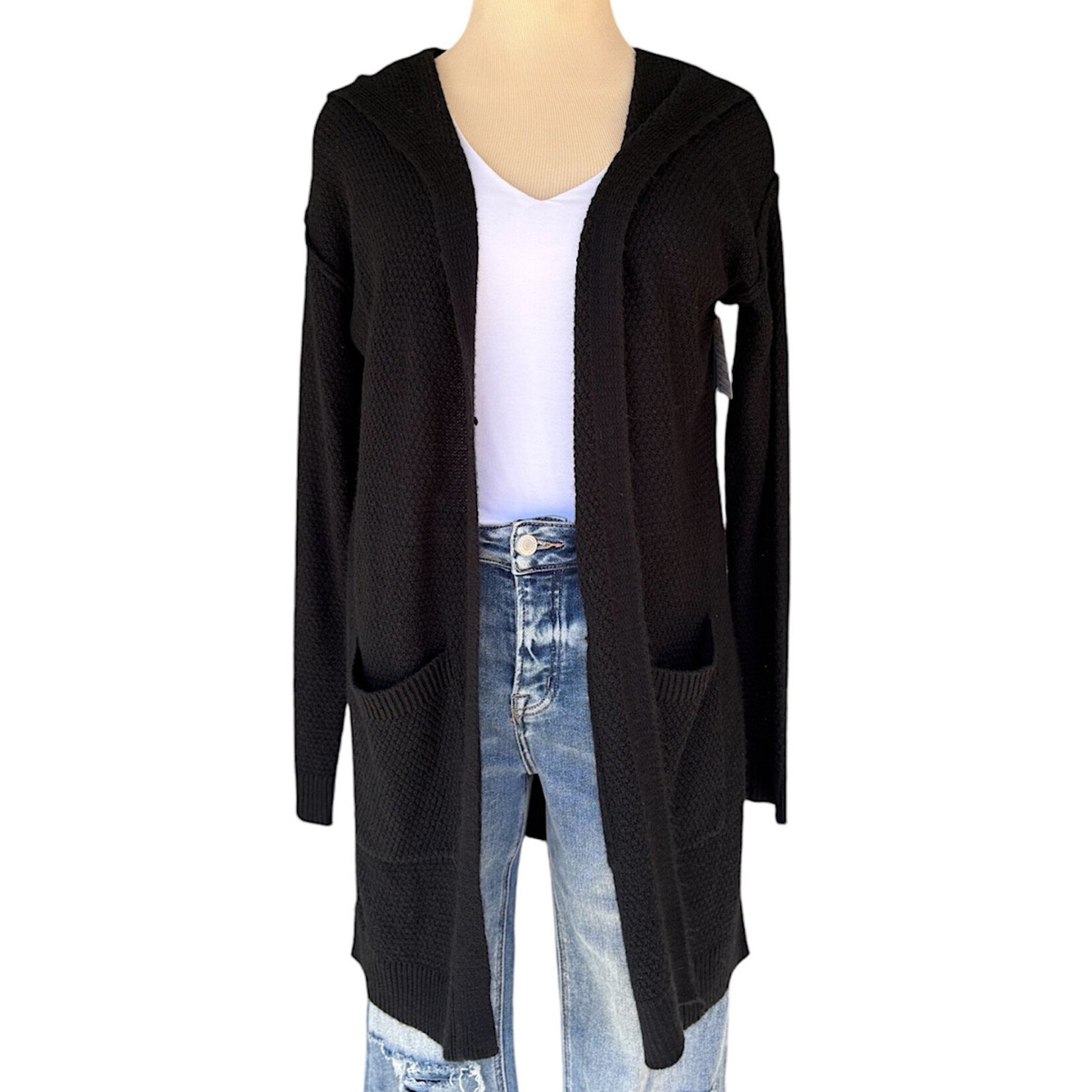 Black Knit Hooded Cardigan Size Small-RF