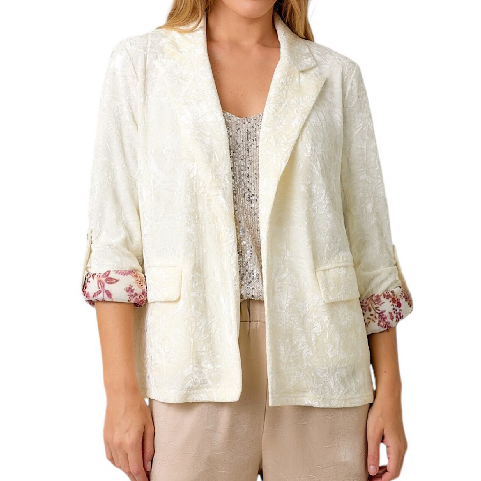 Ivory Rolled Up Sleeve Velvet Blazer