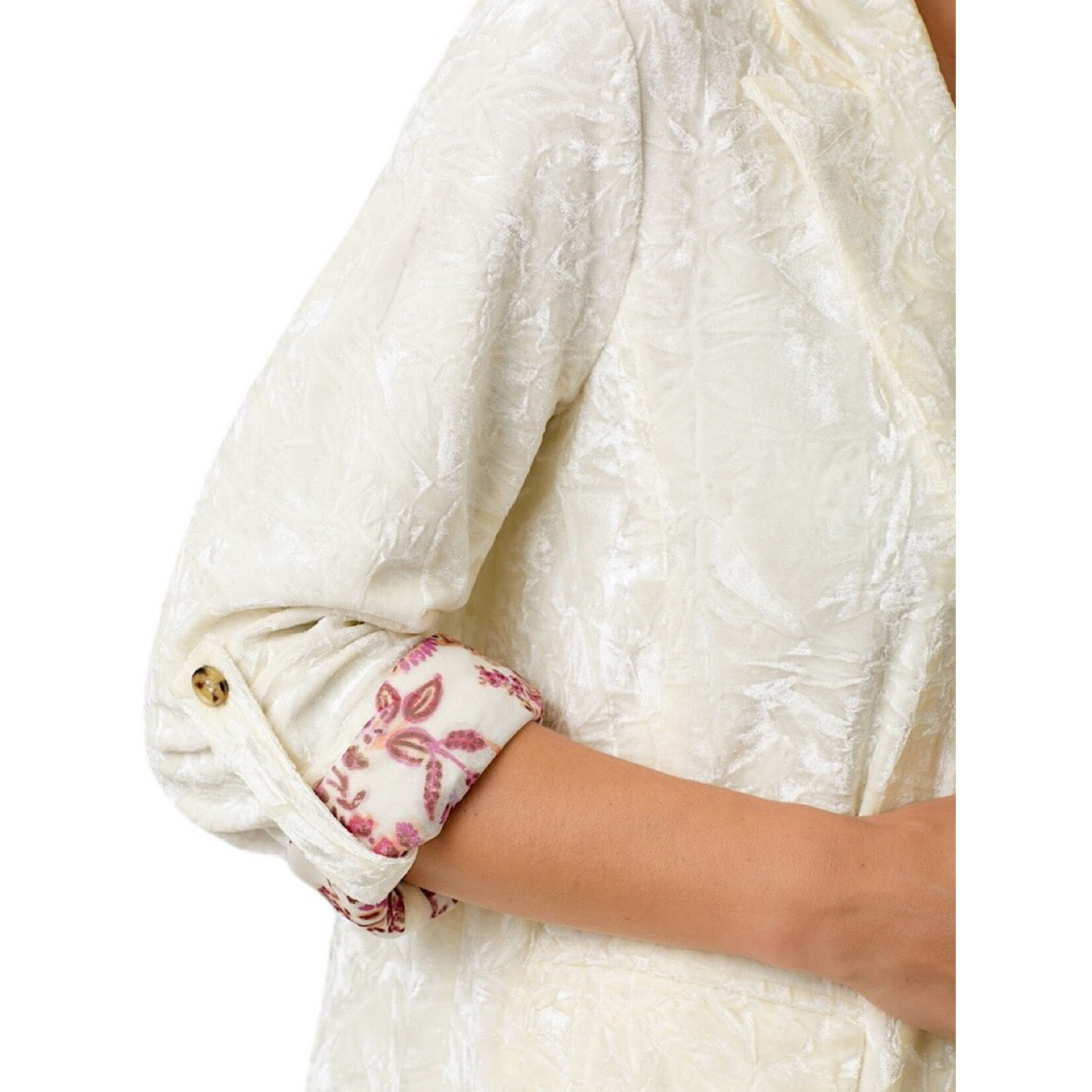Ivory Rolled Up Sleeve Velvet Blazer
